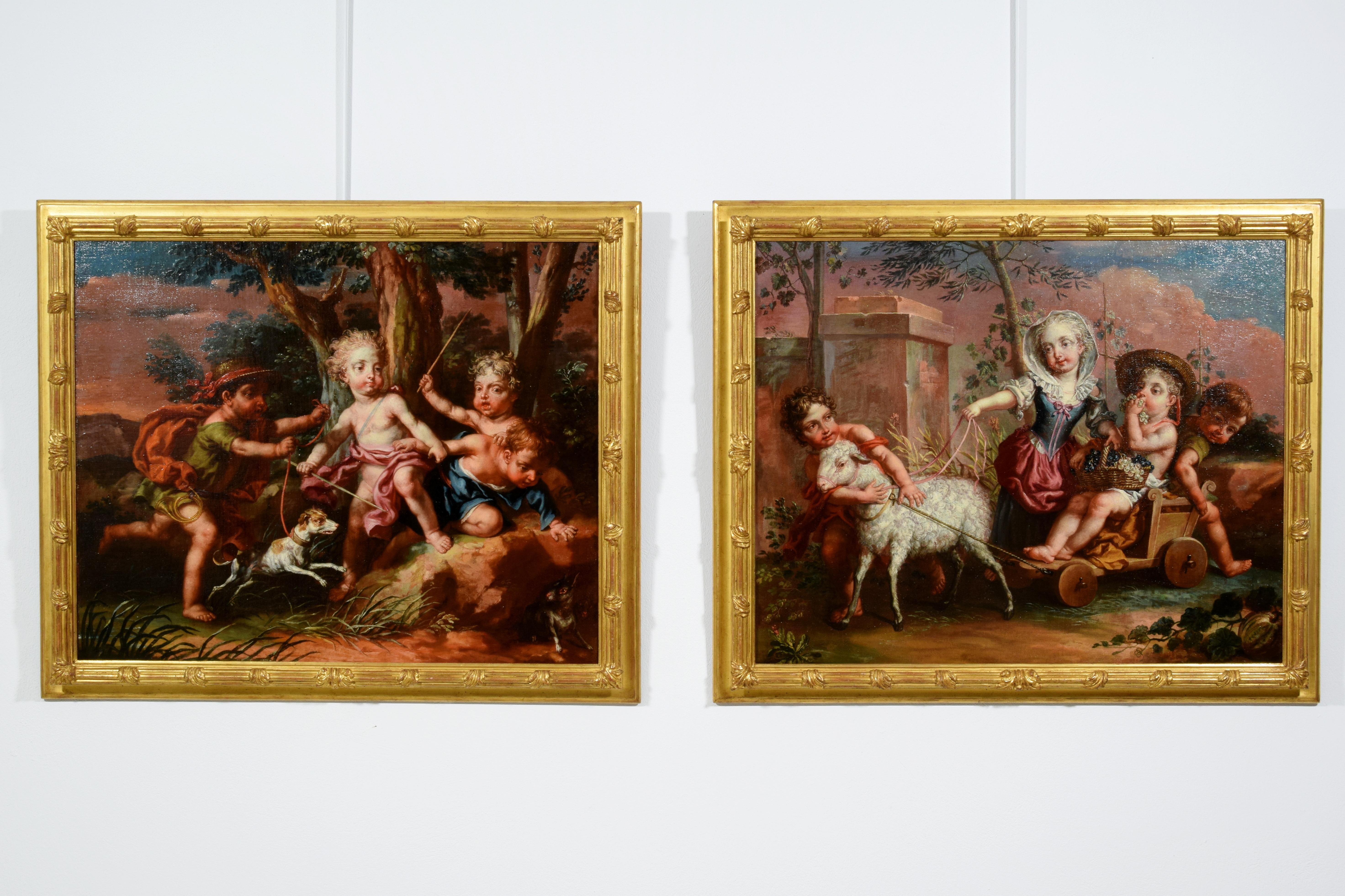 Paire de peintures allégoriques italiennes du 18e siècle par Vittorio Amedeo Rapous 
Paire de tableaux représentant l'Allégorie du printemps avec putti et l'Allégorie de l'automne avec putti, Vittorio Amedeo Rapos (Turin 1729-1800), 1786

La paire
