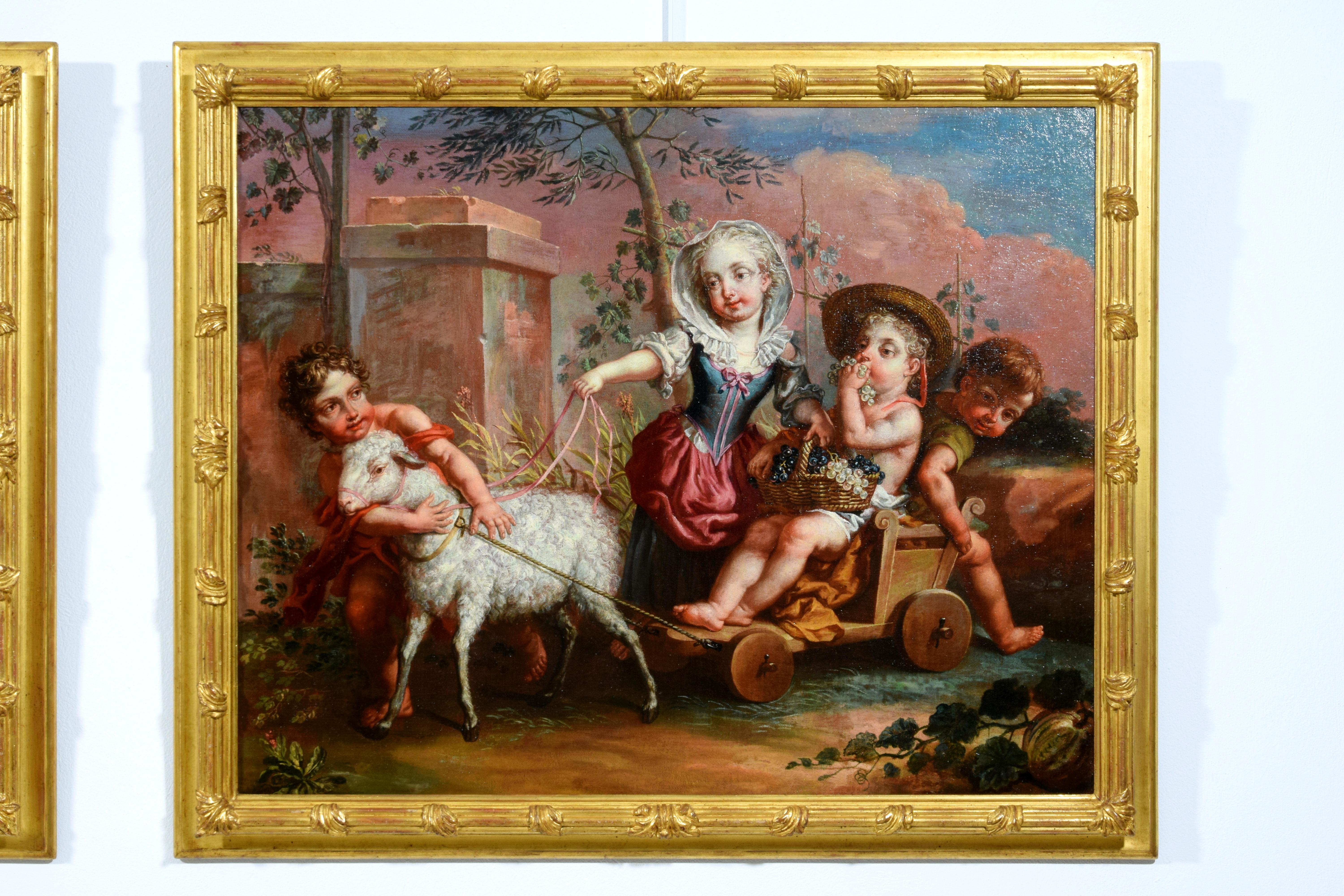 Peint à la main Paire de peintures allégoriques italiennes de Vittorio Amedeo Rapous, 18ème siècle en vente