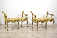18th Century, Pair of Italian Baroque Lacquered and Gilt Wood Benches