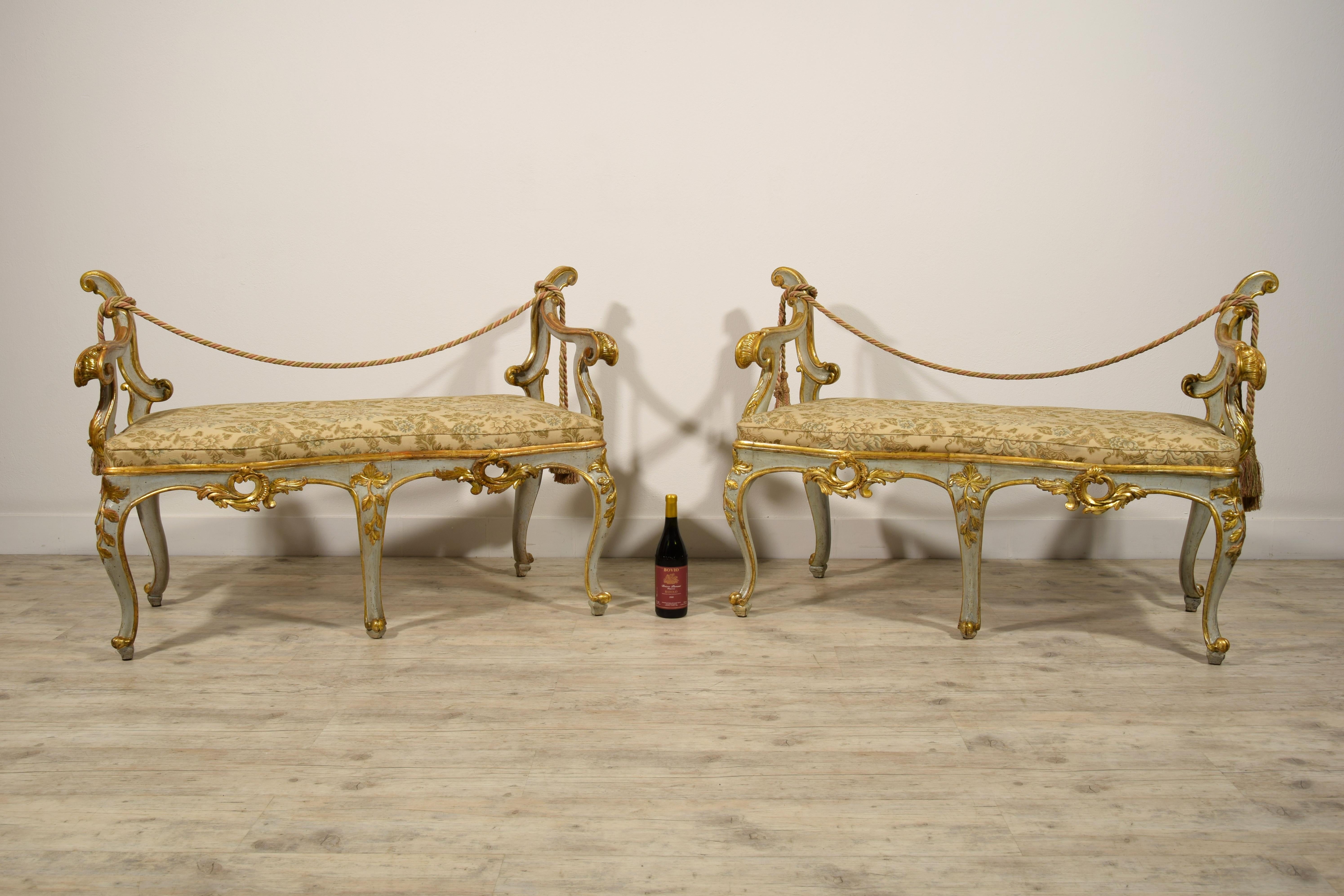 Rococo 18th Century, Pair of Italian Baroque Lacquered and Gilt Wood Benches For Sale