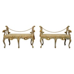 18th Century, Pair of Italian Baroque Lacquered and Gilt Wood Benches
