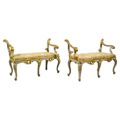 18th Century, Pair of Italian Baroque Lacquered and Gilt Wood Benches
