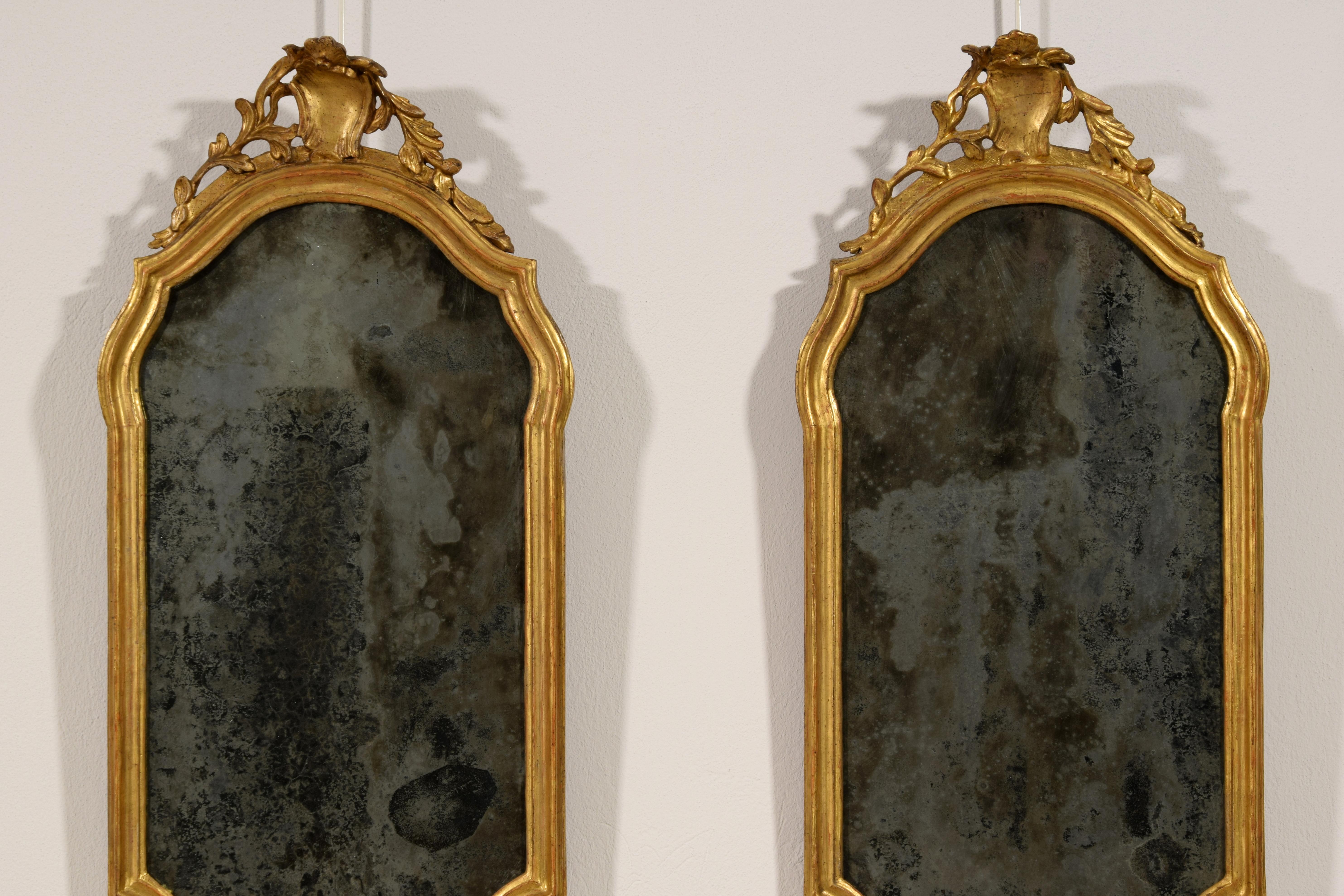 Hand-Carved 18th Century, Pair of Italian Carved and Giltwood Mirrors