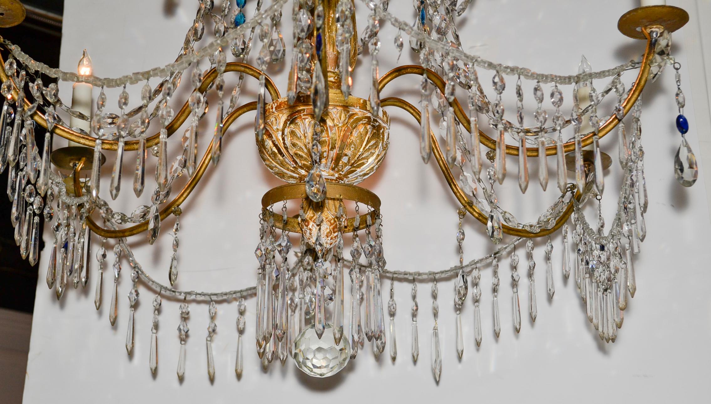 Excellent pair of 18th century Italian giltwood and beaded crystal chandeliers from Genoa.