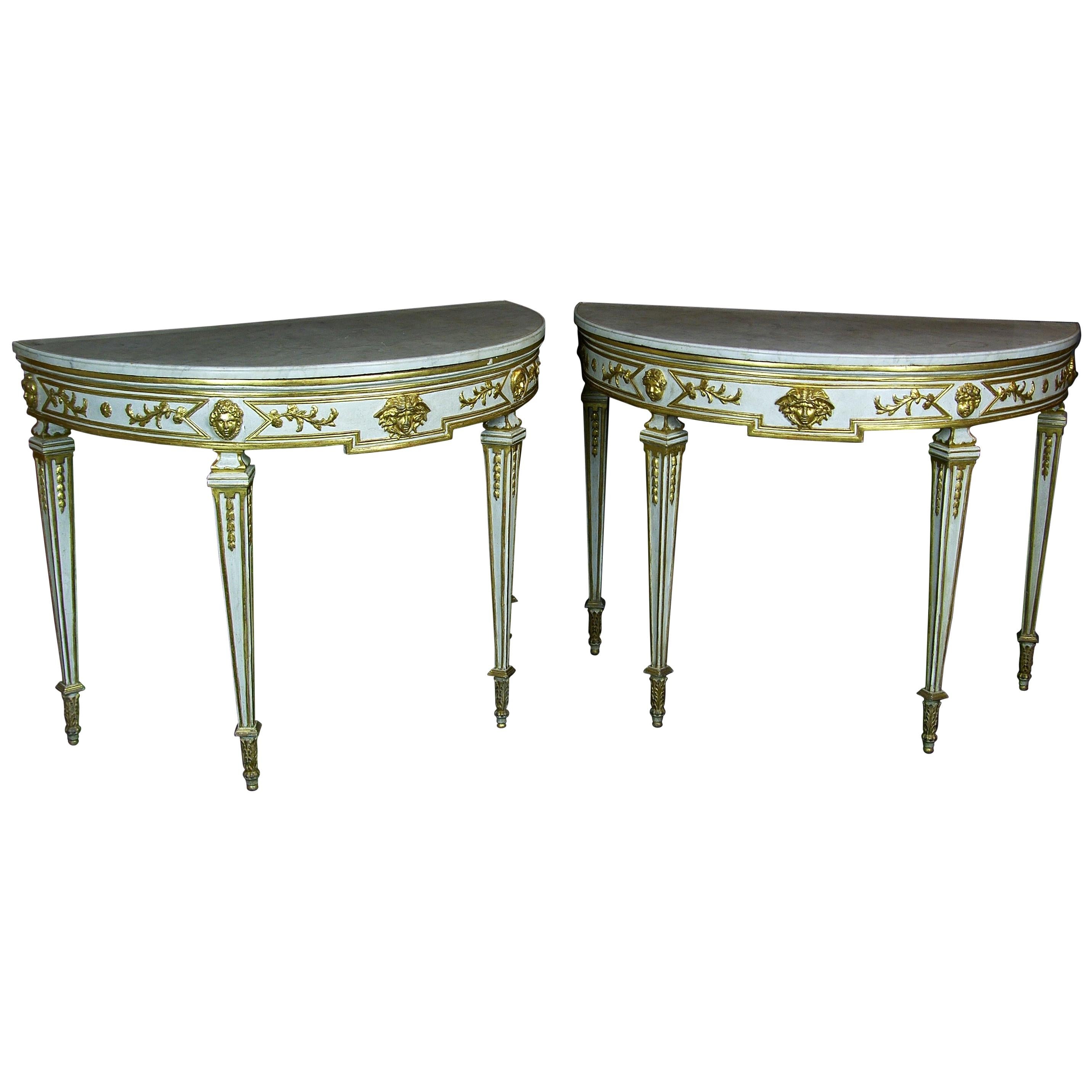 18th Century, Pair of Italian Half-Moon Lacquered Giltwood Neoclassical Console