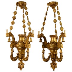 Antique 18th Century, Pair of Italian Hand Carved Giltwood Chandeliers