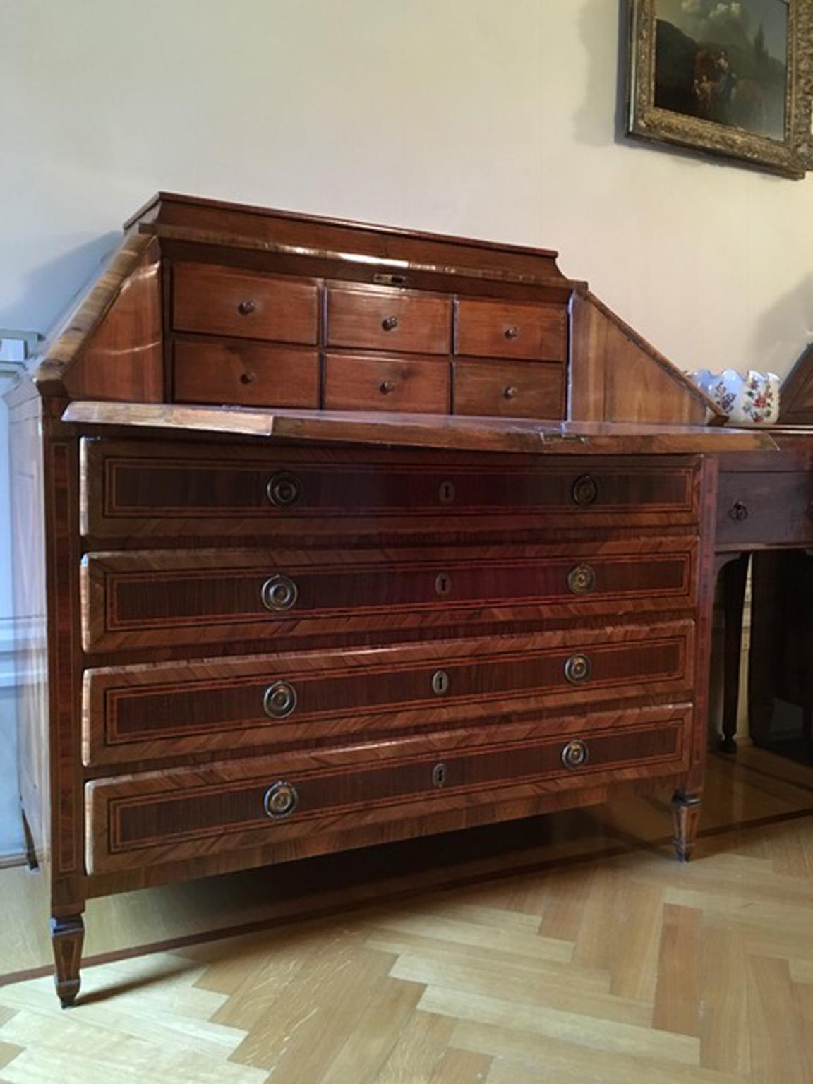18th Century Pair of Italian Inlaid Walnut Chests of Drawers with Secretaire For Sale 3