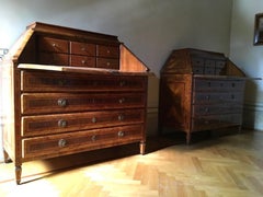 18th Century Pair of Italian Inlaid Walnut Chests of Drawers with Secretaire