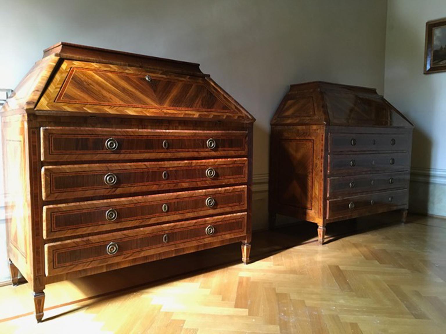 Louis XVI 18th Century Pair of Italian Inlaid Walnut Chests of Drawers with Secretaire For Sale