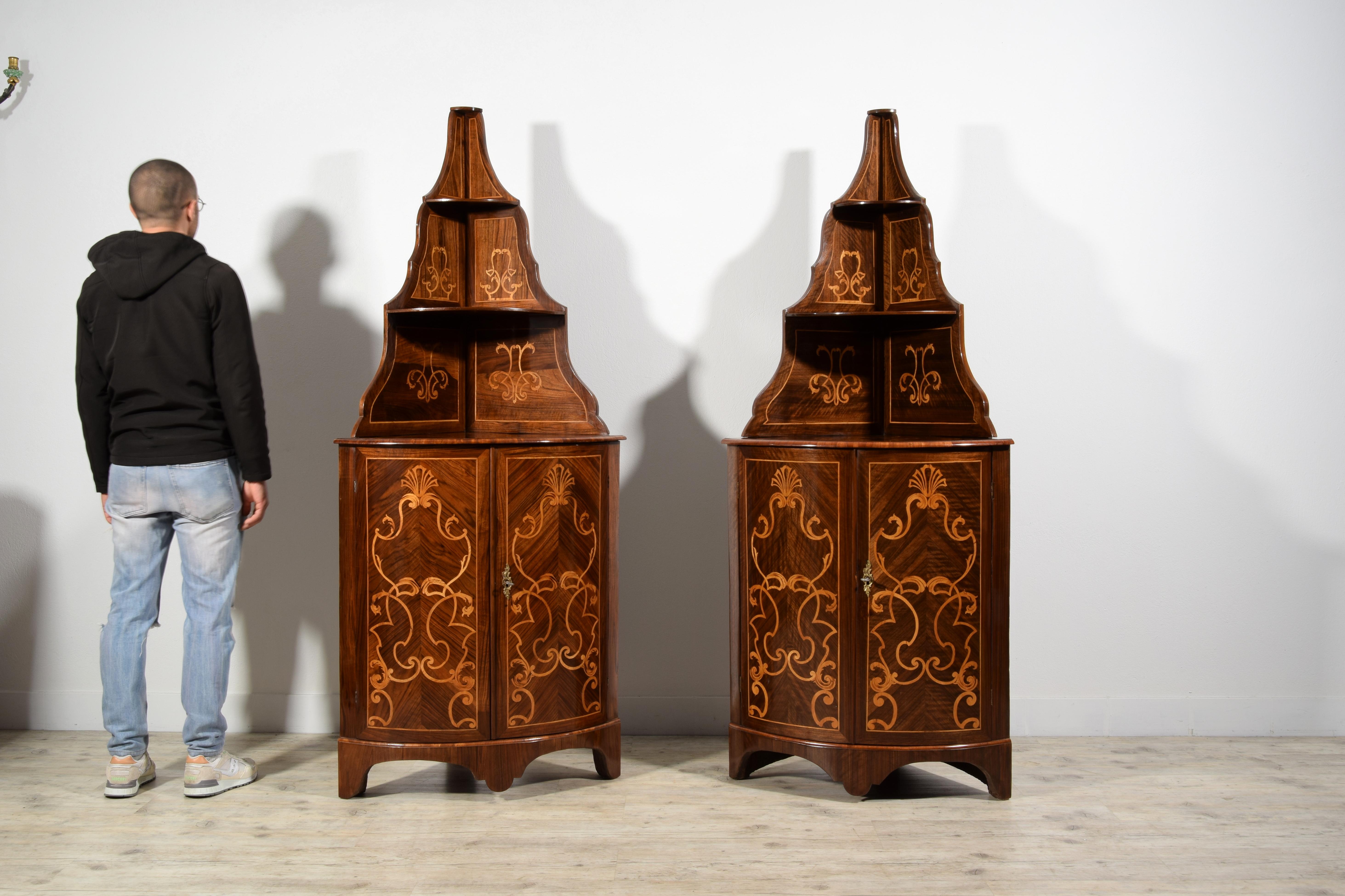 18th Century, Pair of Italian Inlay Wood Corner Cabinets For Sale 8