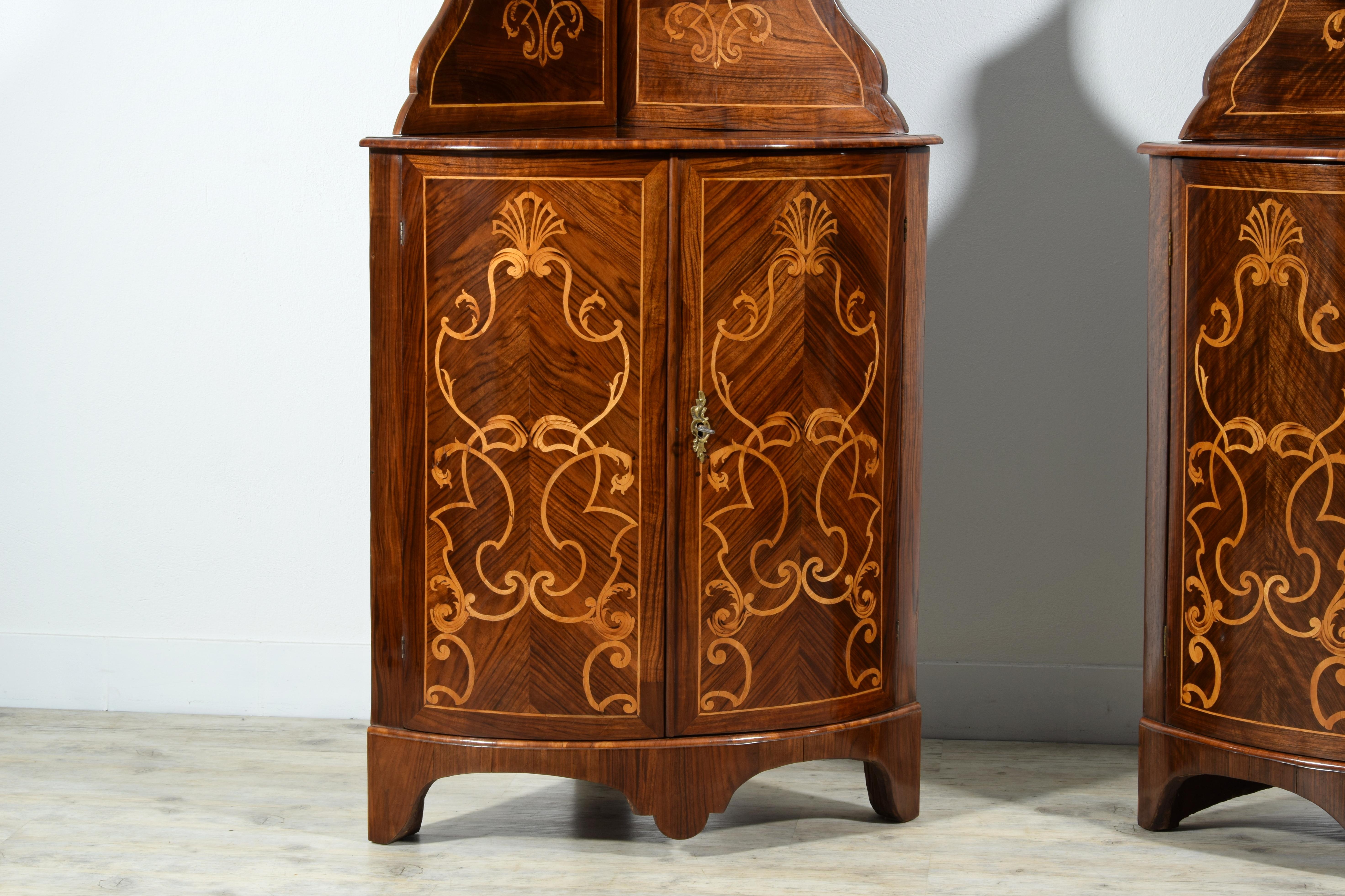18th Century, Pair of Italian Inlay Wood Corner Cabinets For Sale 9