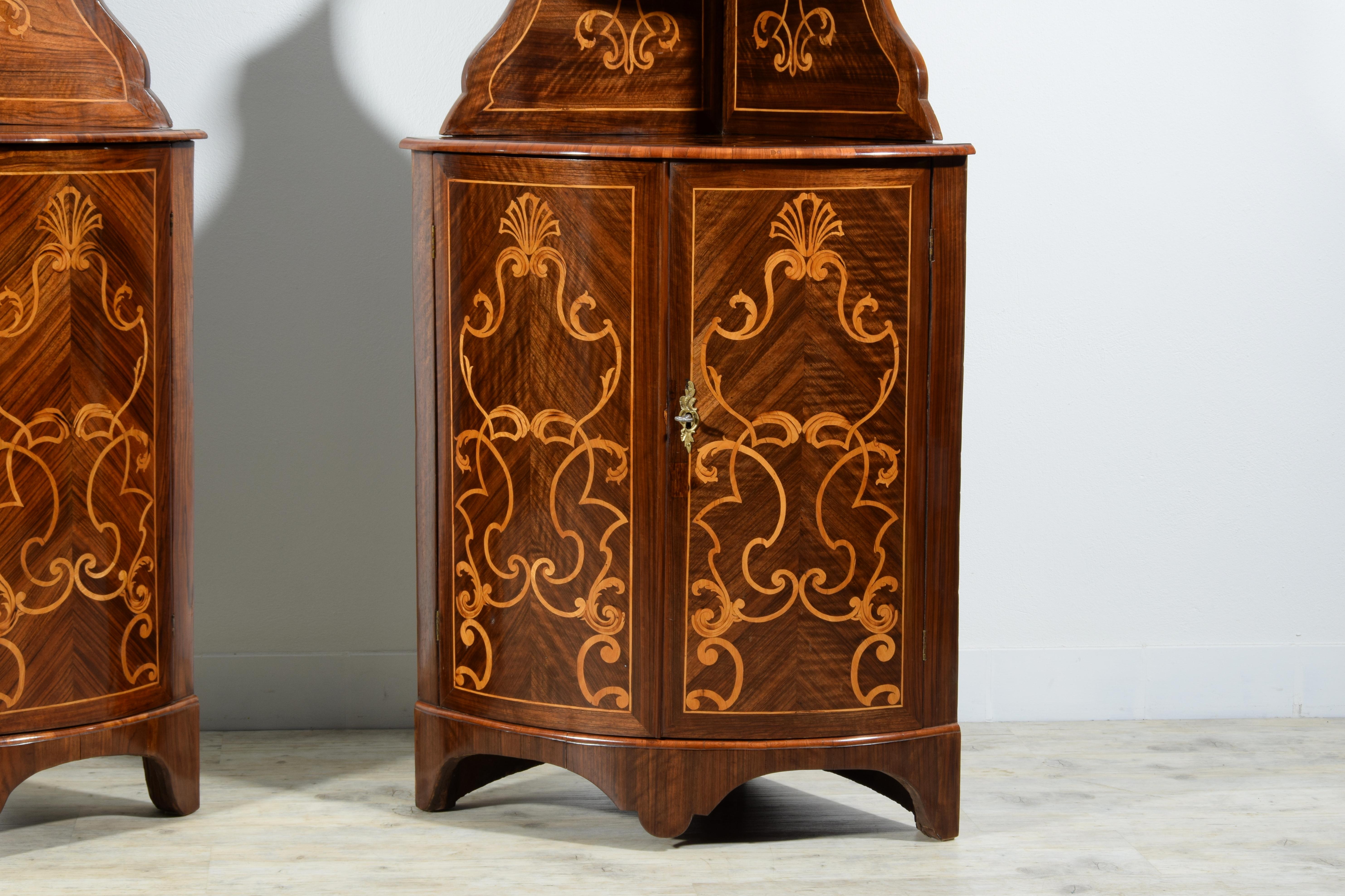 18th Century, Pair of Italian Inlay Wood Corner Cabinets For Sale 10