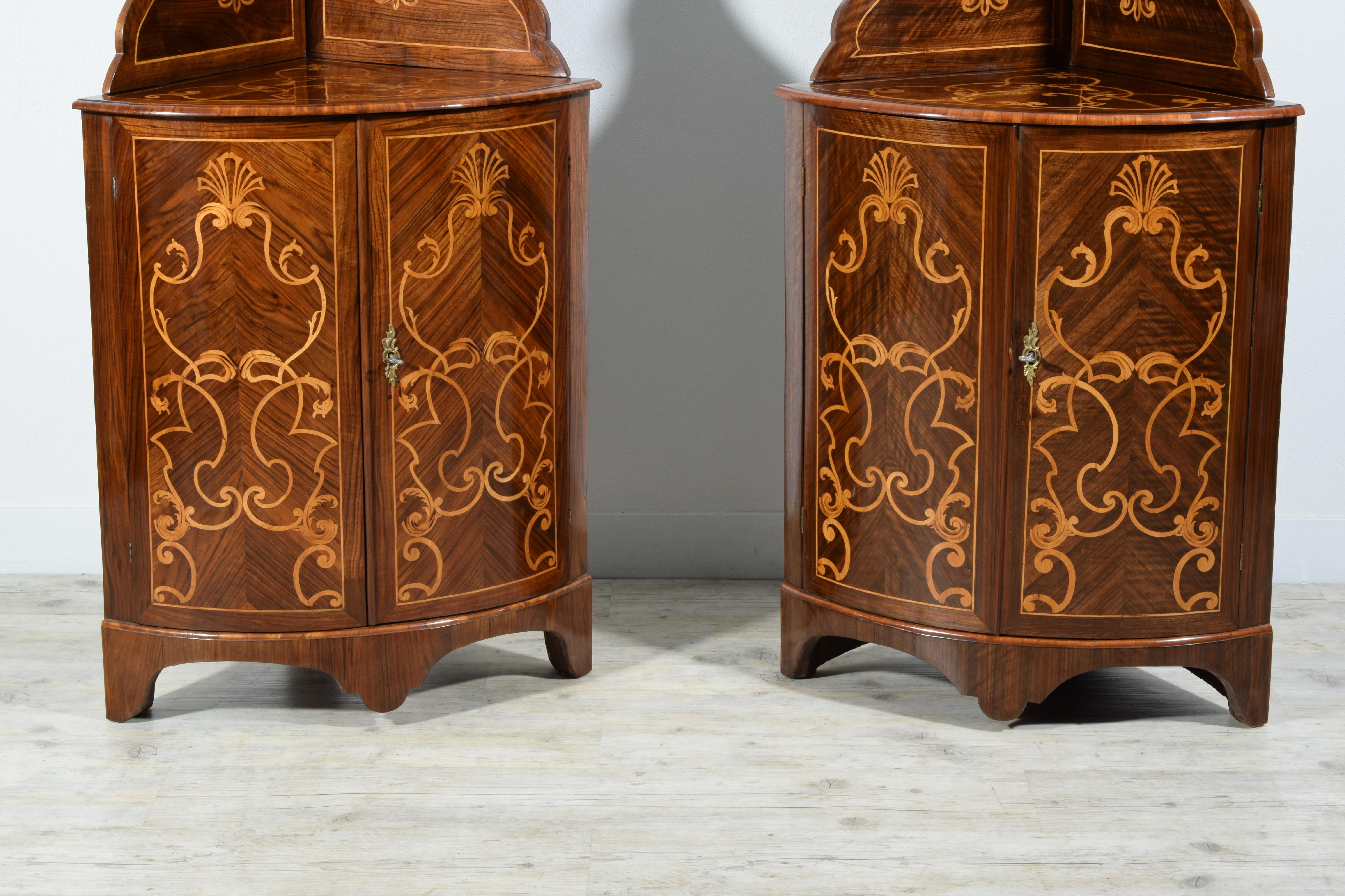 18th Century, Pair of Italian Inlay Wood Corner Cabinets For Sale 11