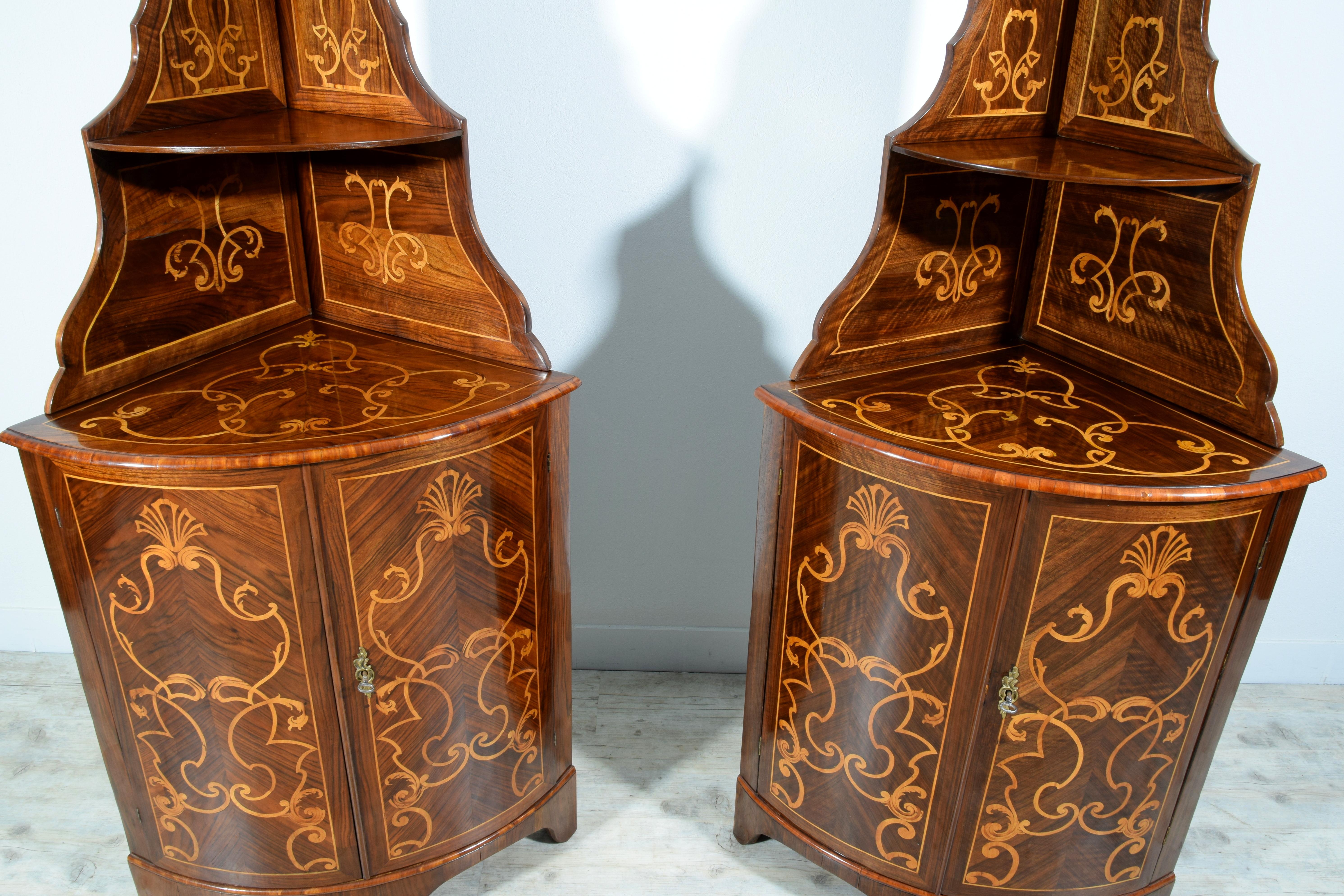 18th Century, Pair of Italian Inlay Wood Corner Cabinets For Sale 12