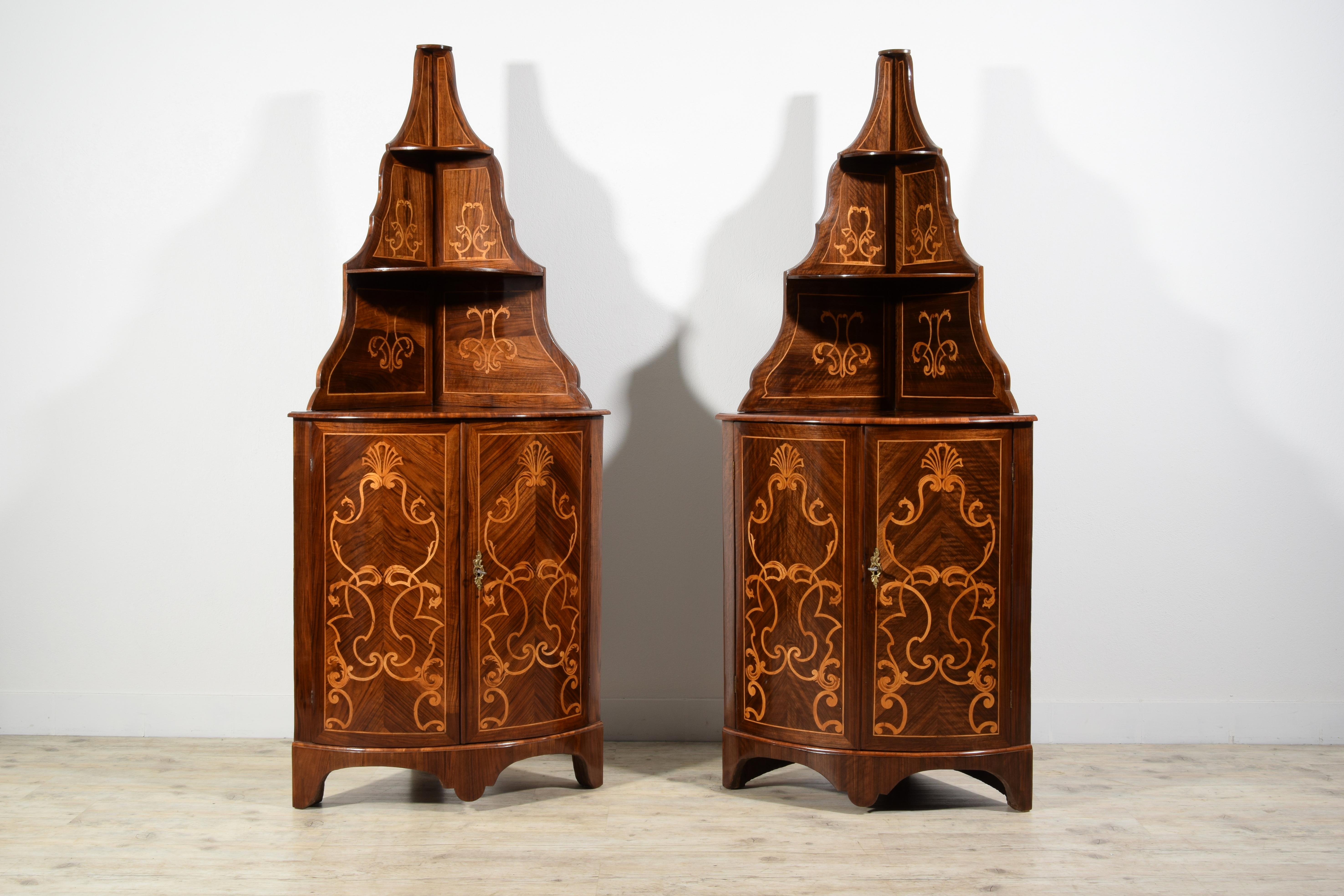 18th Century, Pair of Italian Inlay Wood Corner Cabinets For Sale 14