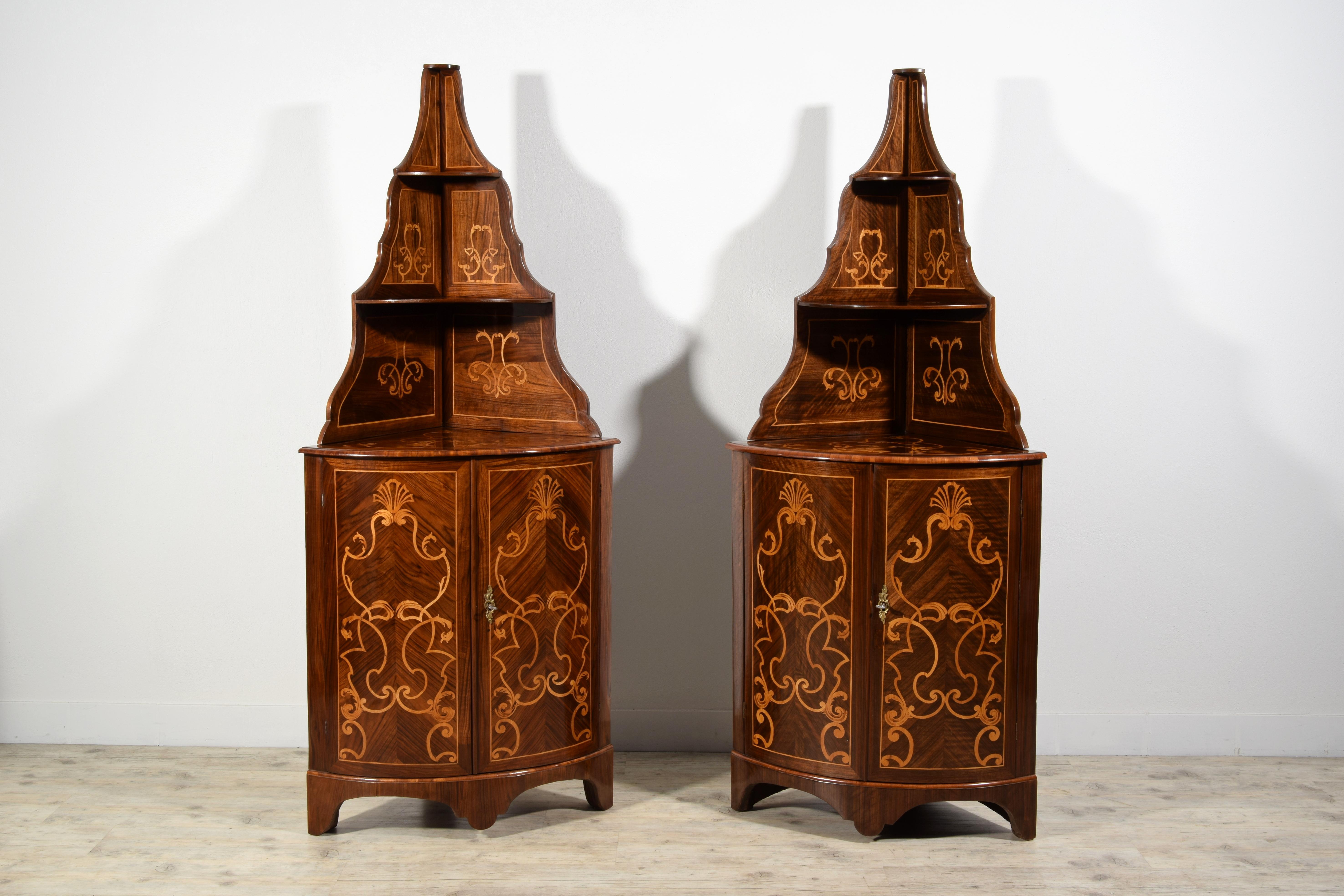 18th Century, Pair of Italian Inlay Wood Corner Cabinets For Sale 15
