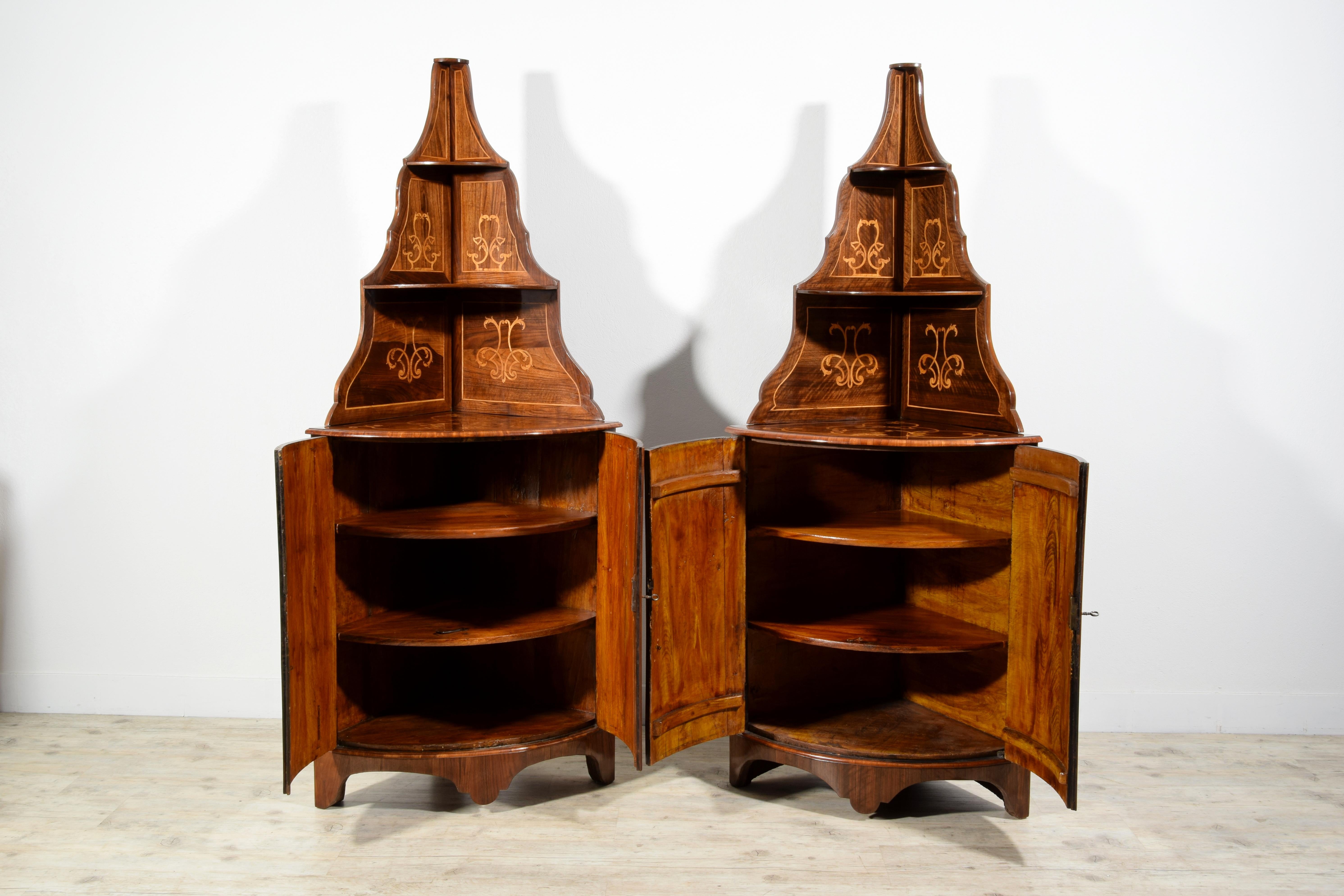 18th Century, Pair of Italian Inlay Wood Corner Cabinets For Sale 16