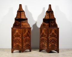 18th Century, Pair of Italian Inlay Wood Corner Cabinets