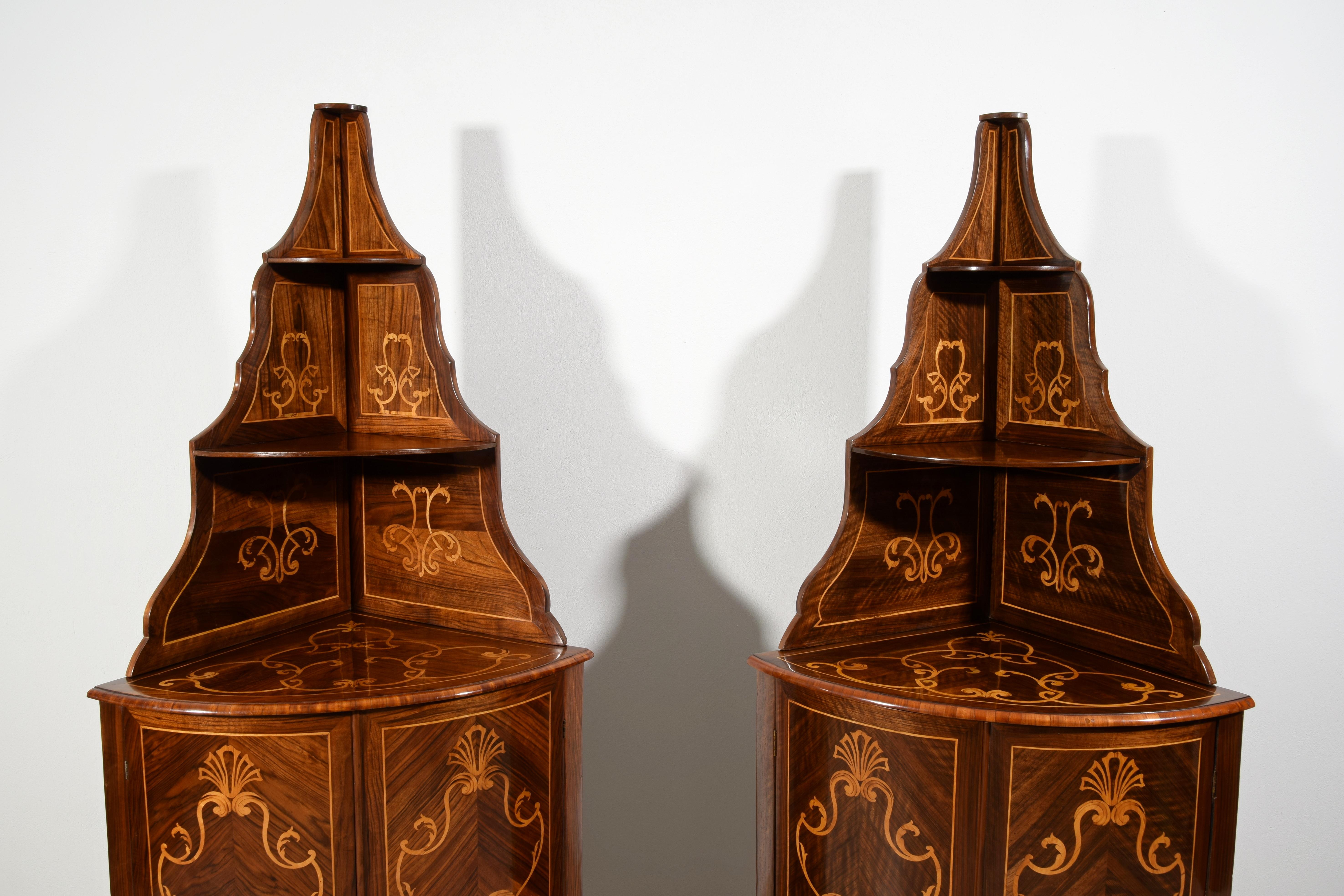 18th Century, Pair of Italian Inlay Wood Corner Cabinets For Sale 3