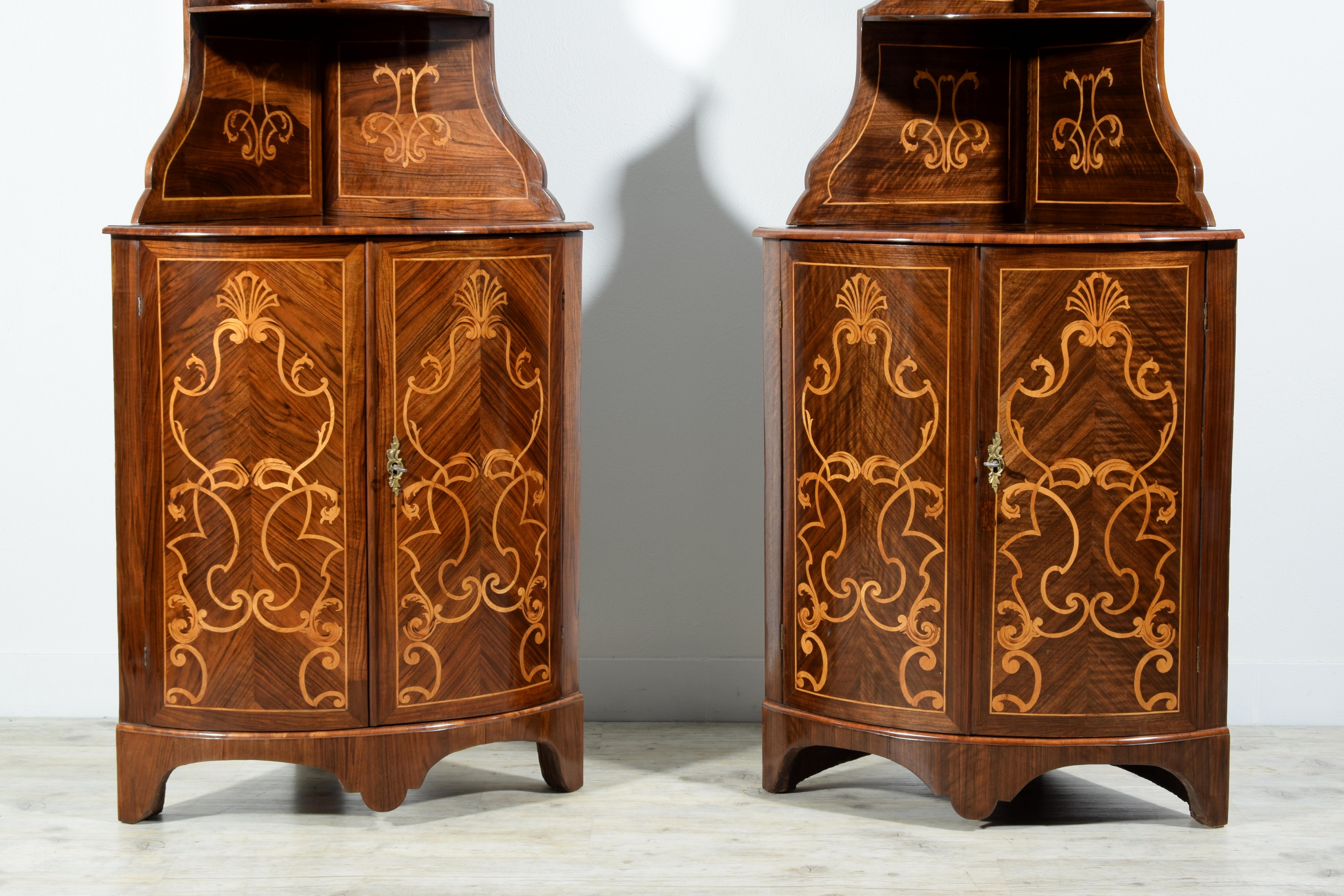 18th Century, Pair of Italian Inlay Wood Corner Cabinets For Sale 5