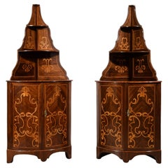 18th Century, Pair of Italian Inlay Wood Corner Cabinets