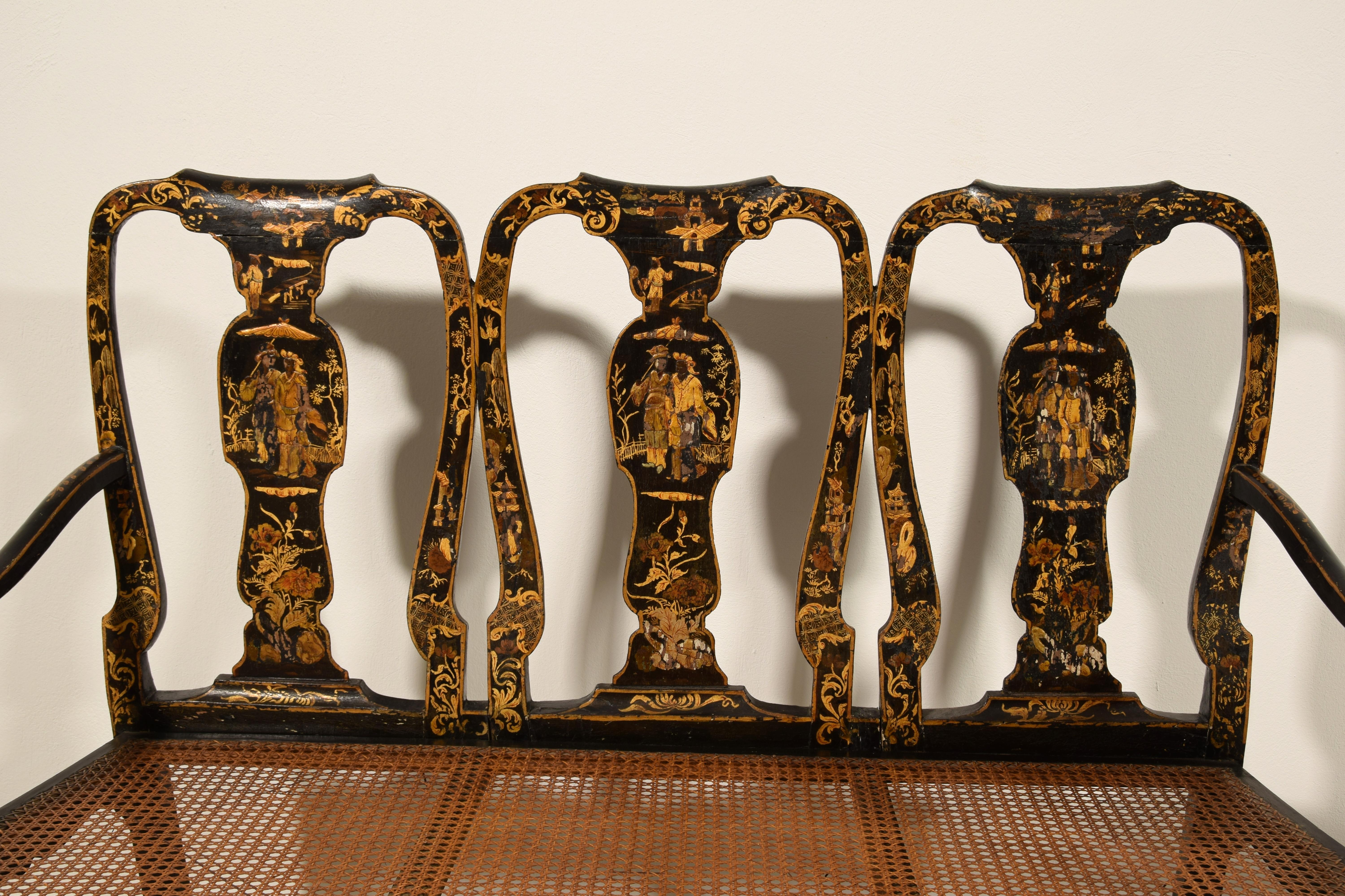 18th Century, Pair of Italian Lacquered Chinoiserie Wood Sofas 7