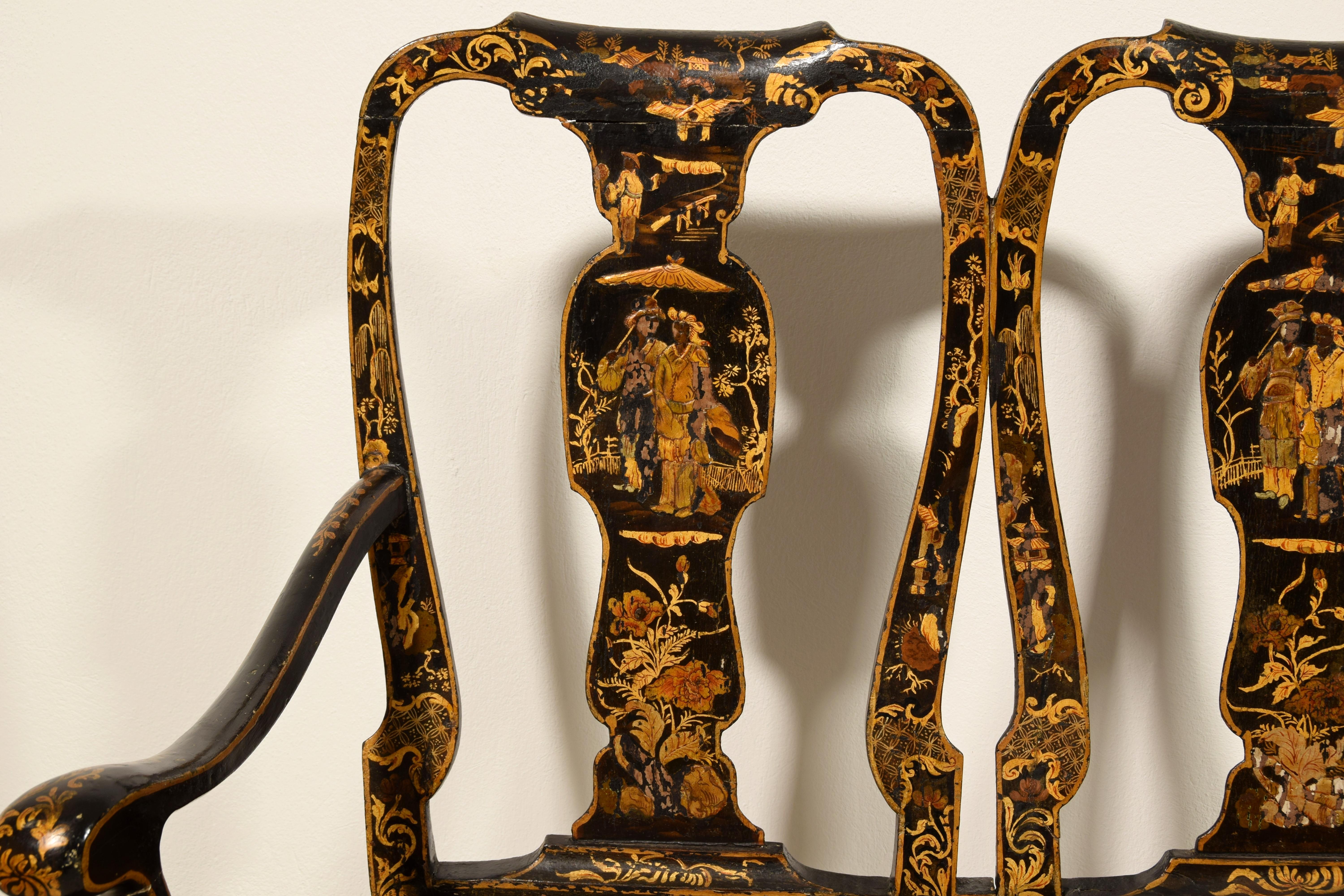 18th Century, Pair of Italian Lacquered Chinoiserie Wood Sofas 8