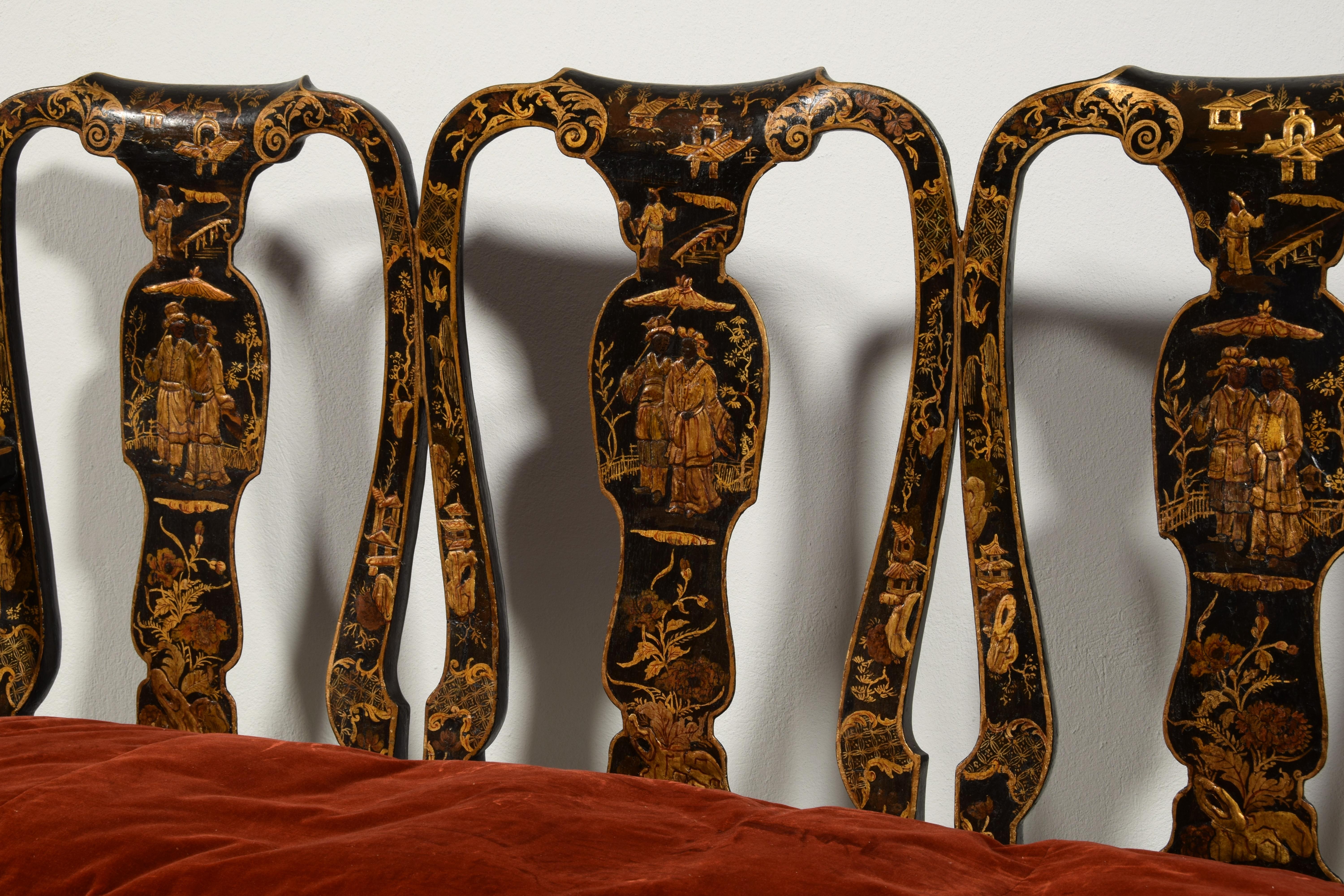 18th Century, Pair of Italian Lacquered Chinoiserie Wood Sofas For Sale 8