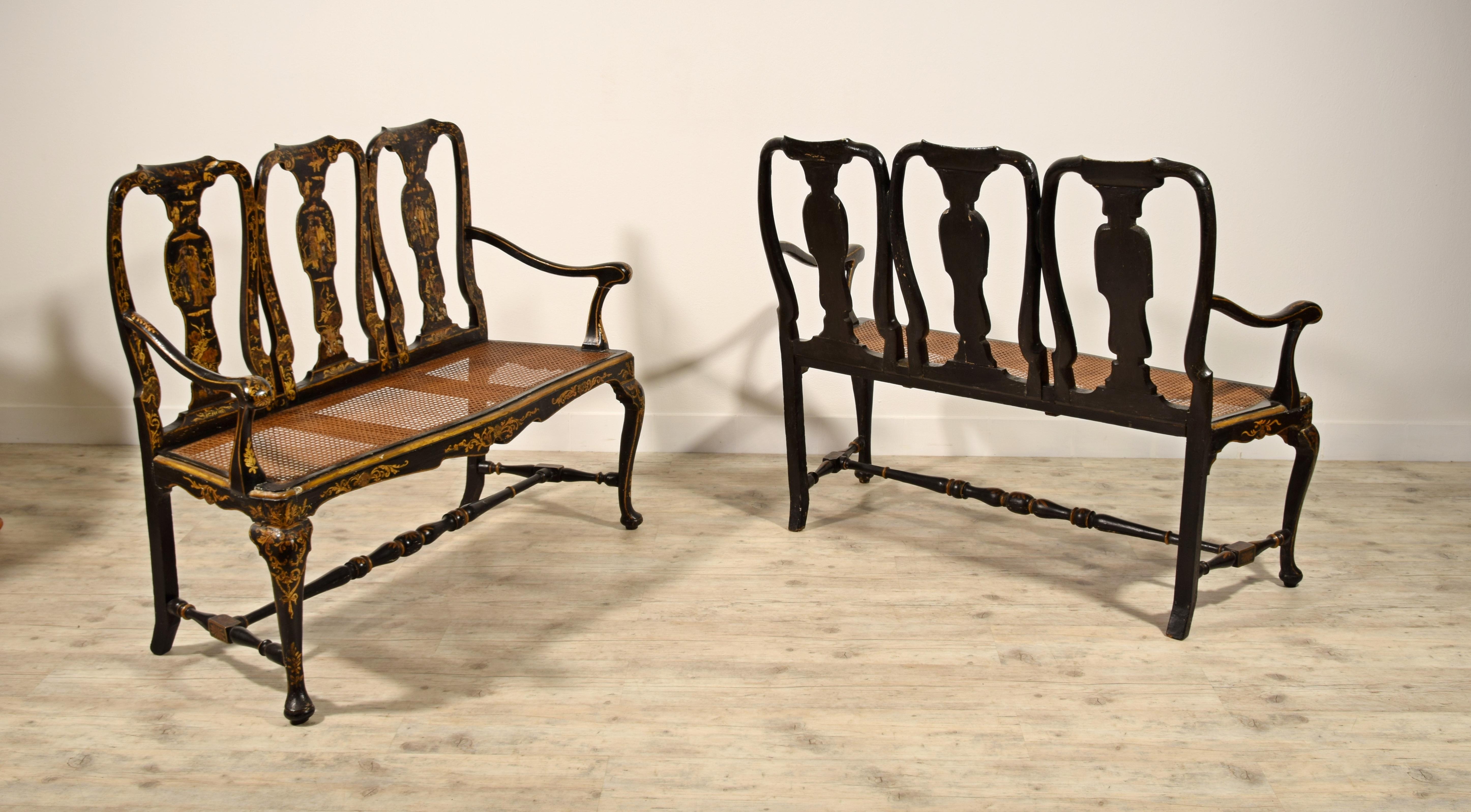18th Century, Pair of Italian Lacquered Chinoiserie Wood Sofas 9