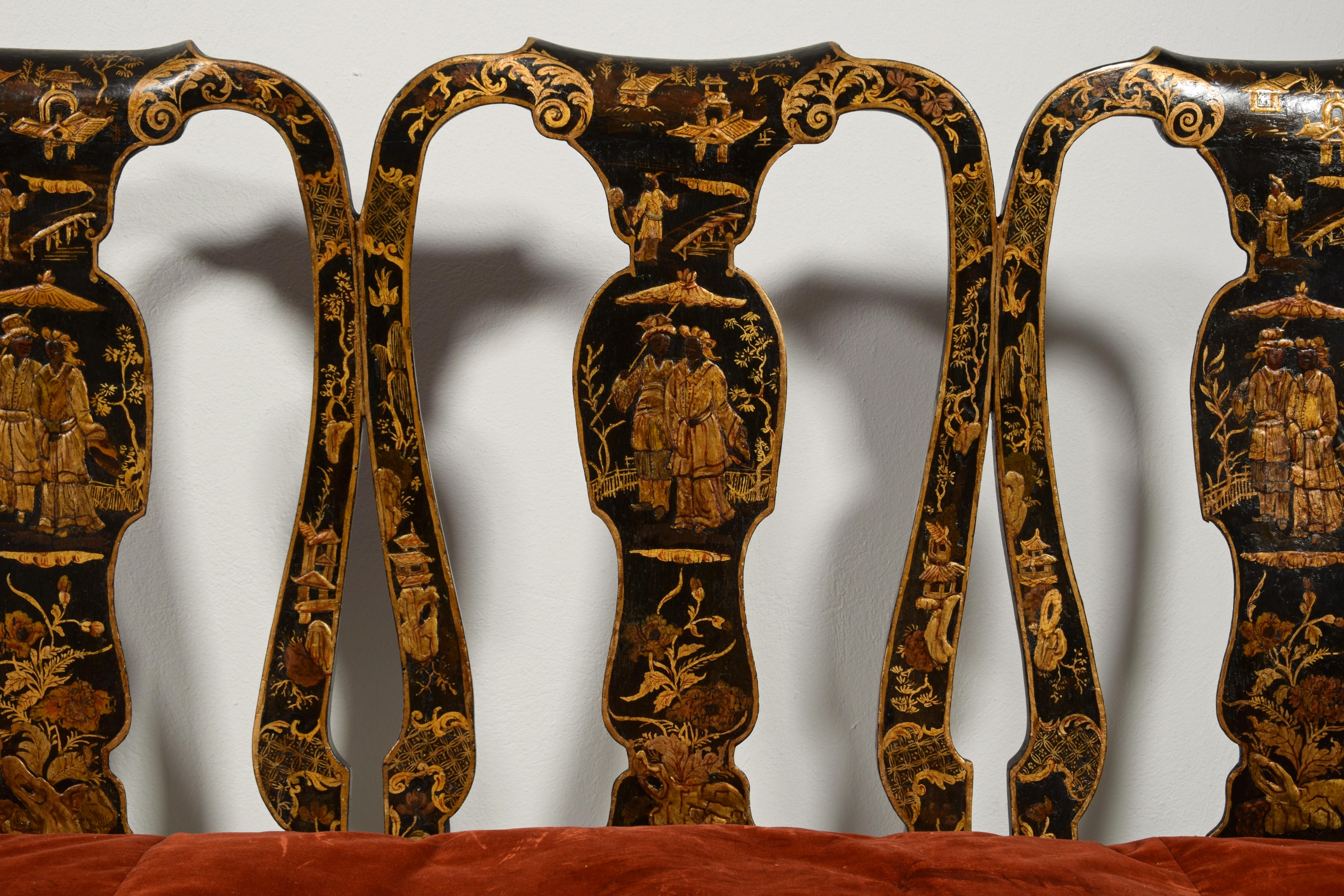 18th Century, Pair of Italian Lacquered Chinoiserie Wood Sofas For Sale 9