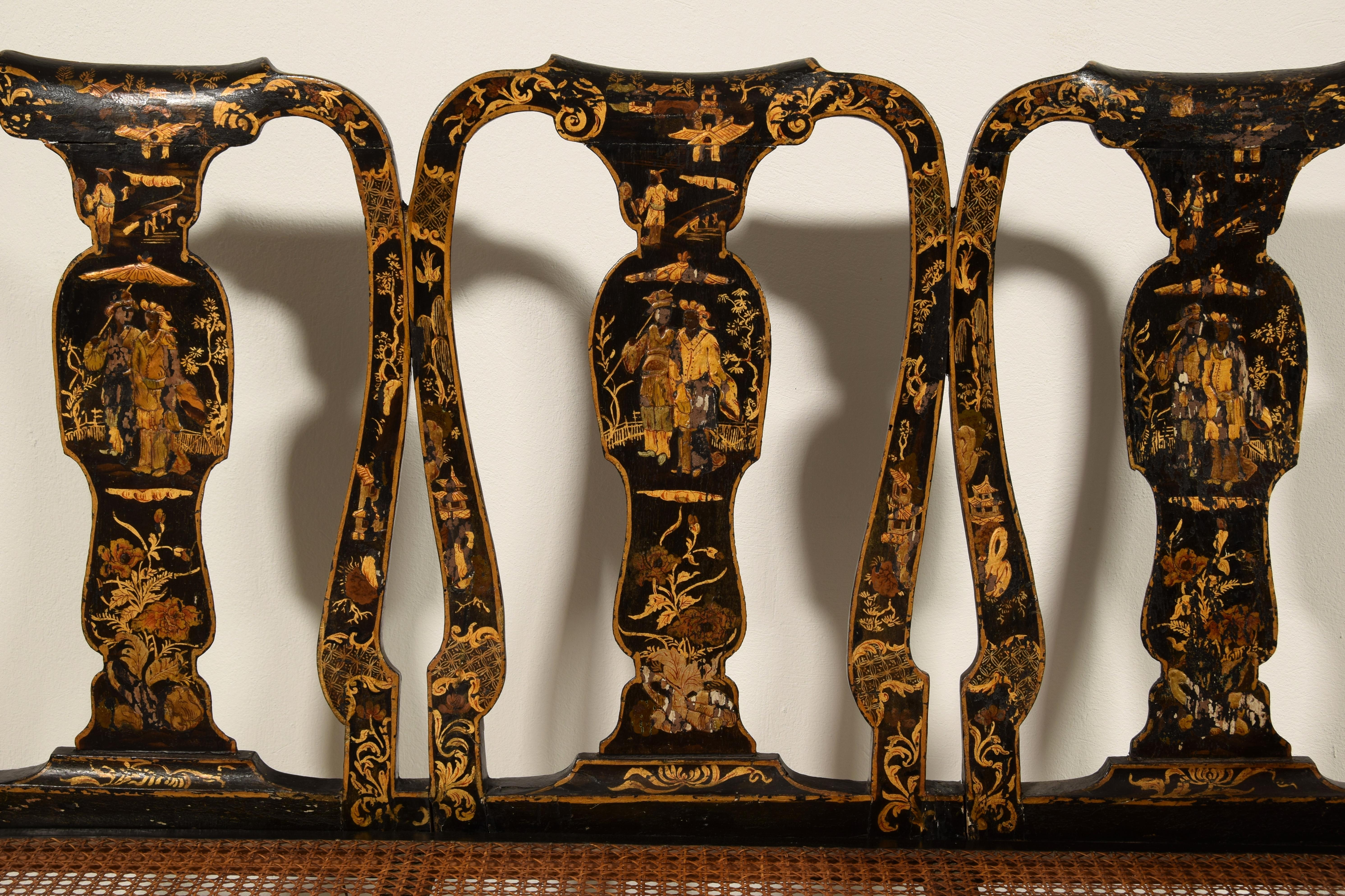 18th Century, Pair of Italian Lacquered Chinoiserie Wood Sofas 13