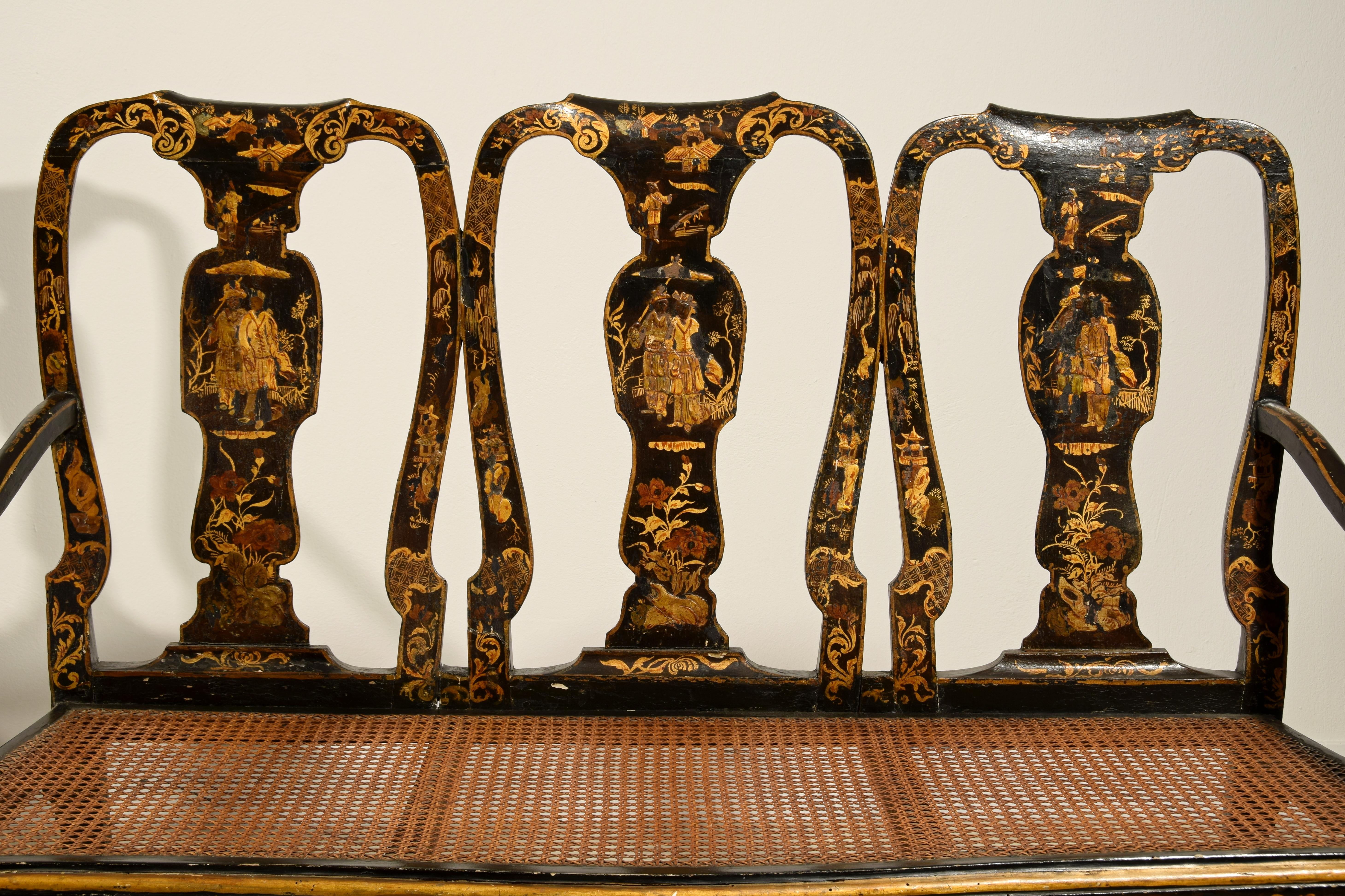 18th Century, Pair of Italian Lacquered Chinoiserie Wood Sofas 14