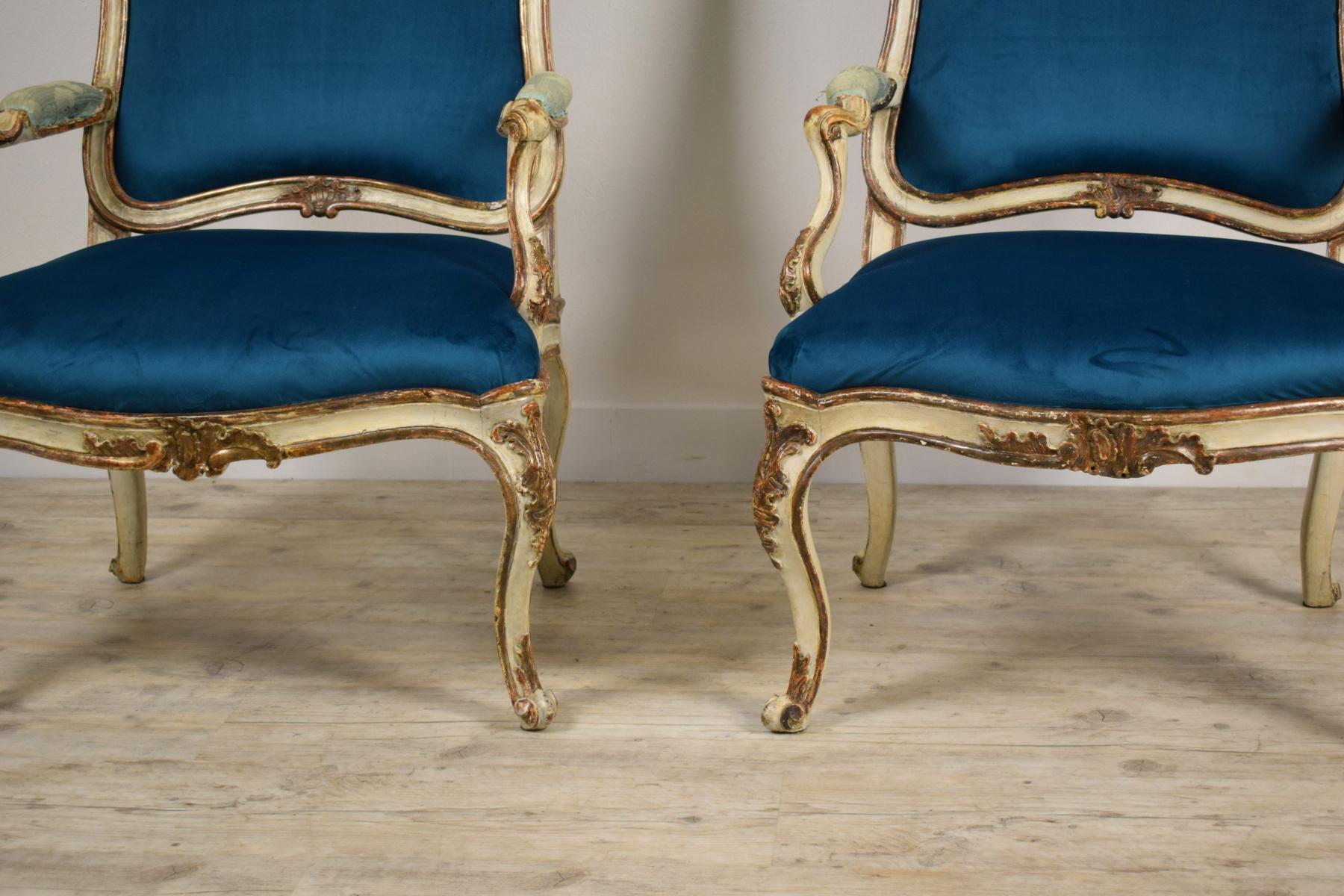18th Century, Pair of Italian Lacquered Silver Carved Wood Armchairs 13
