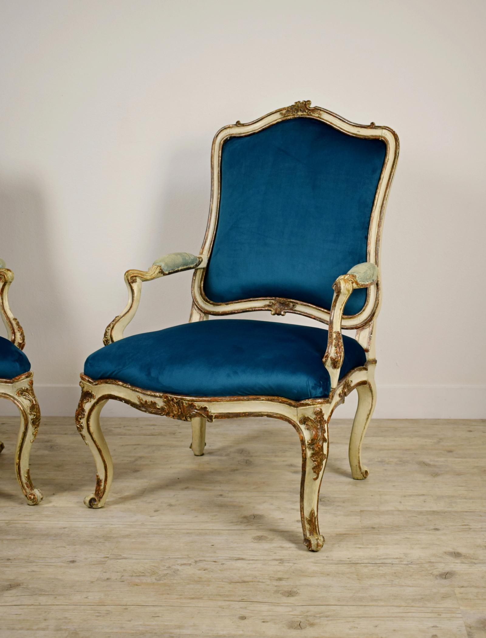 18th Century, Pair of Italian Lacquered Silver Carved Wood Armchairs 6