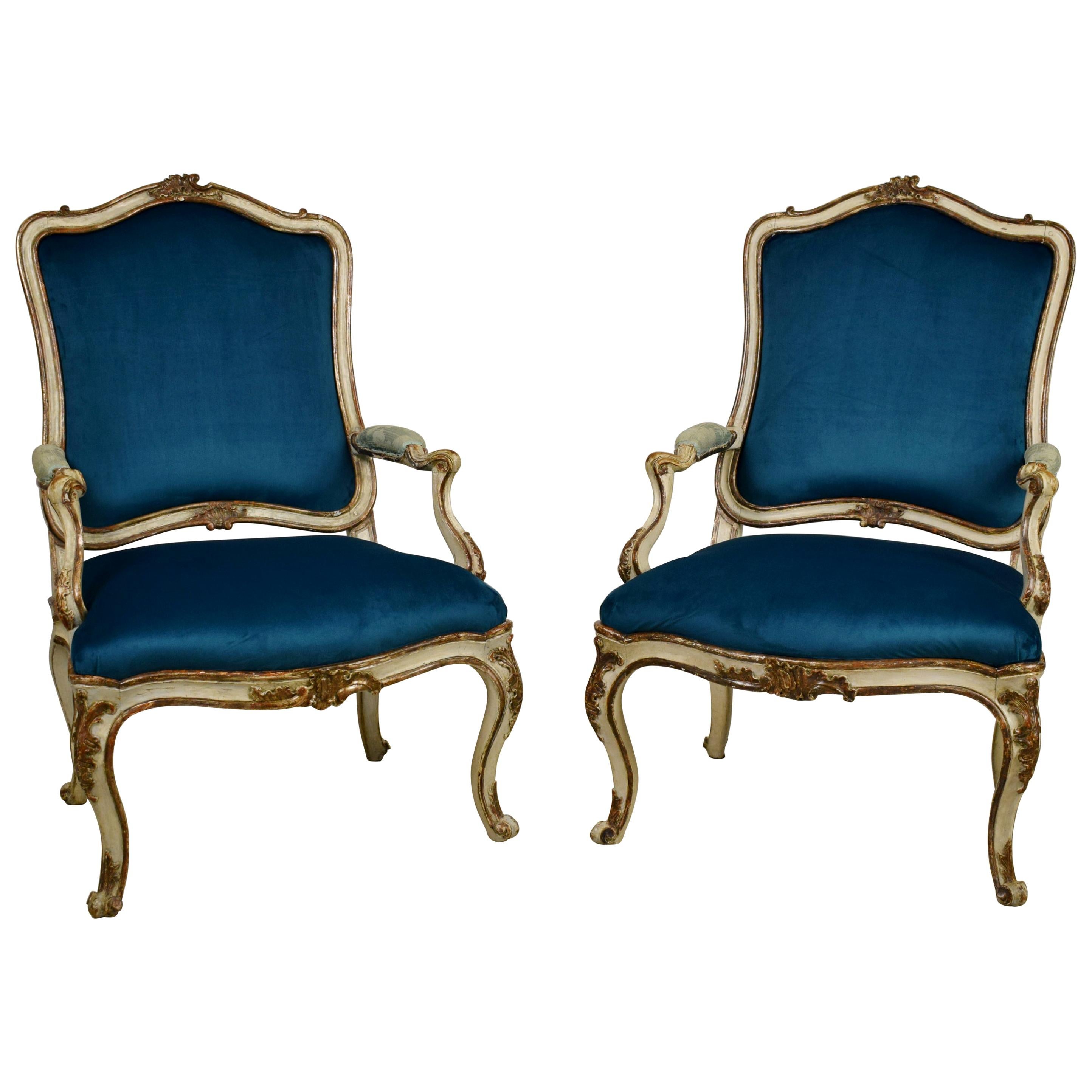 18th Century, Pair of Italian Lacquered Silver Carved Wood Armchairs
