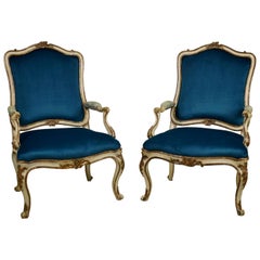 18th Century, Pair of Italian Lacquered Silver Carved Wood Armchairs