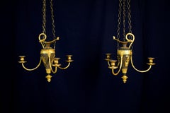 18th Century, Pair of Italian Lacquered Wood and Gilded Pastiglia Chandeliers