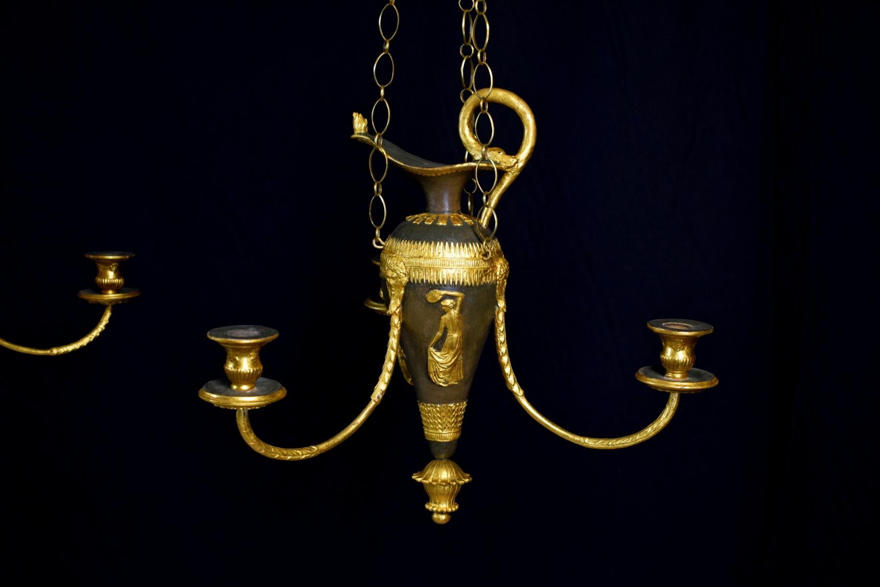 Hand-Carved 18th Century, Pair of Italian Lacquered Wood and Gilded Pastiglia Chandeliers