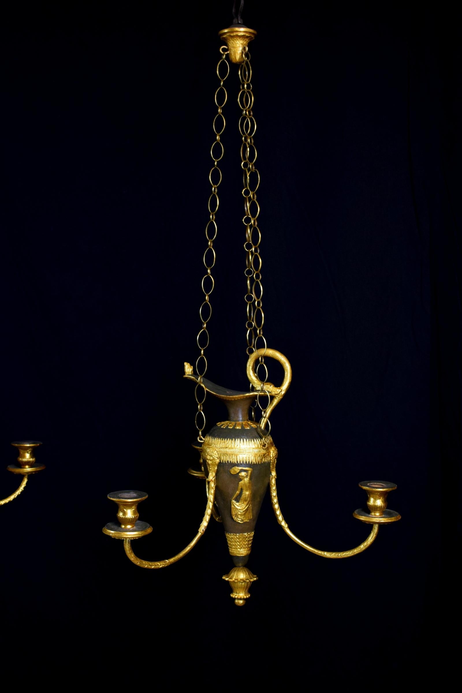 Giltwood 18th Century, Pair of Italian Lacquered Wood and Gilded Pastiglia Chandeliers