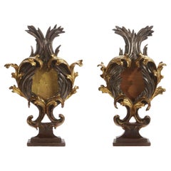18th Century Pair of Italian Large Reliquary Gilt Silvered Carved Wood