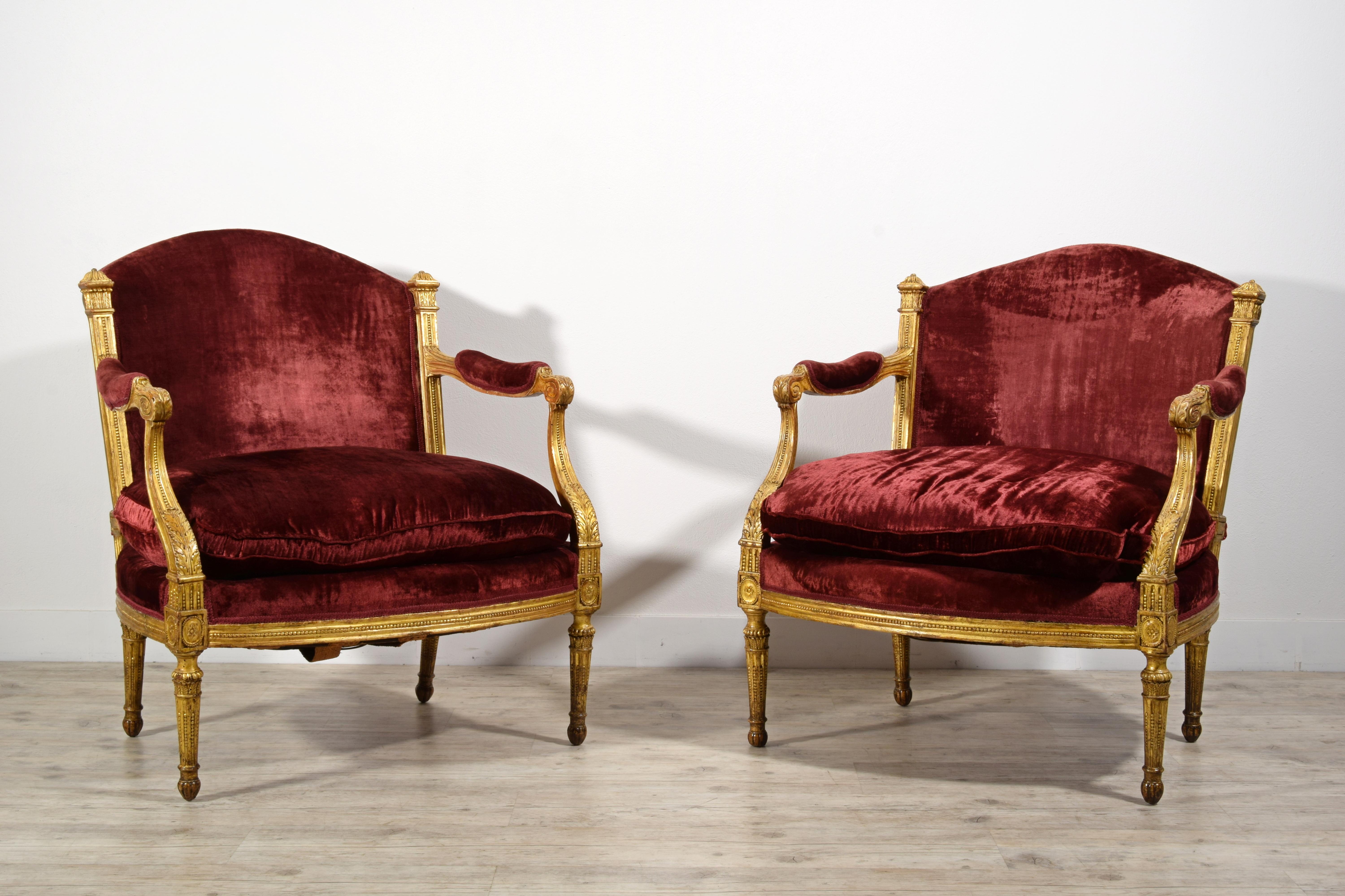 18th century Pair of Italian Large Wood Armchairs 
Measures: cm W 83 x D 90 x H 96; seat cm H 55 x W 72 x D 70
This pair of armchairs was made in the neoclassical period, towards the end of the eighteenth century. The structure of each large