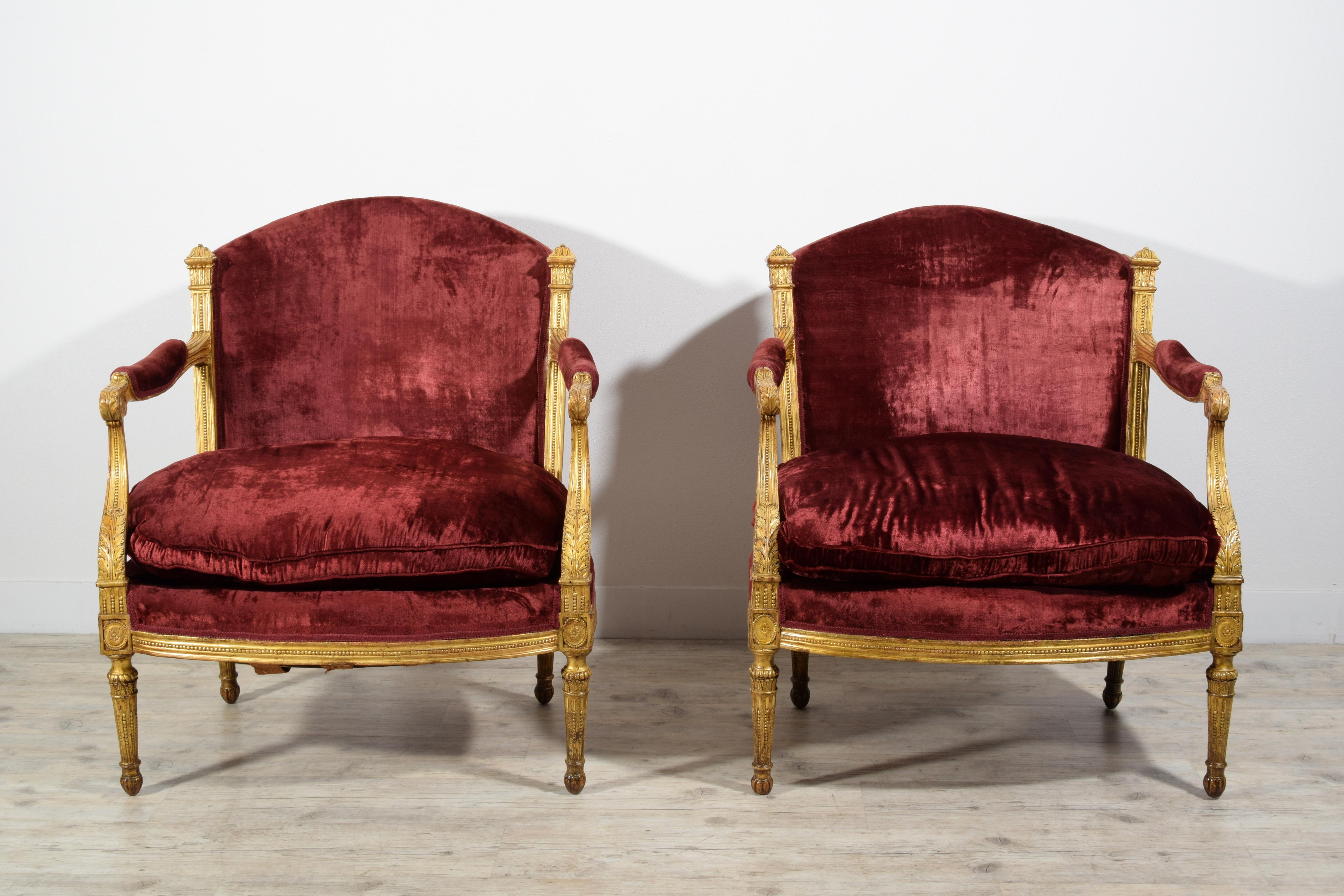 Hand-Carved 18th century Pair of Italian Large Wood Armchairs 