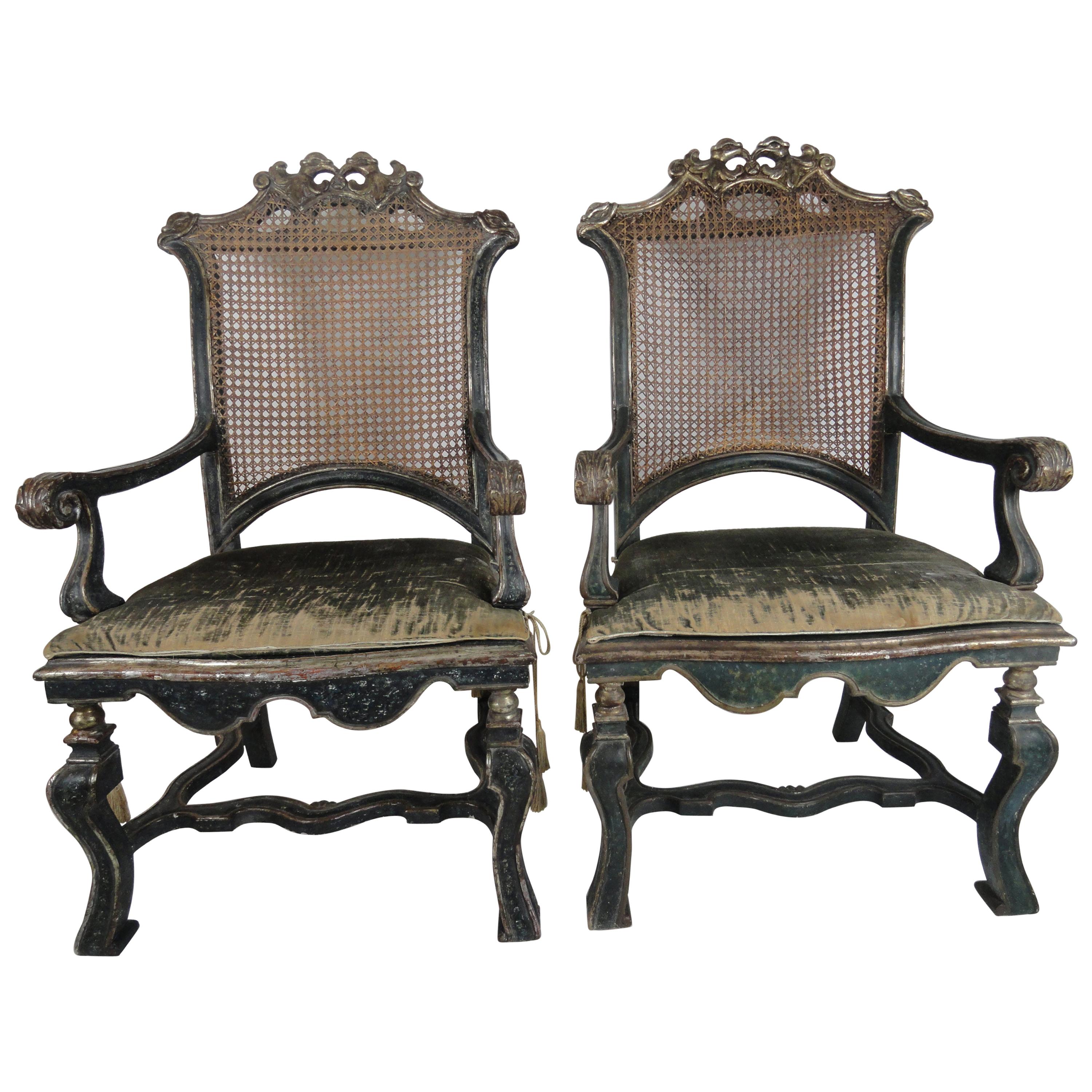 18th Century Pair of Italian Louis XIV Caned Fauteuils For Sale