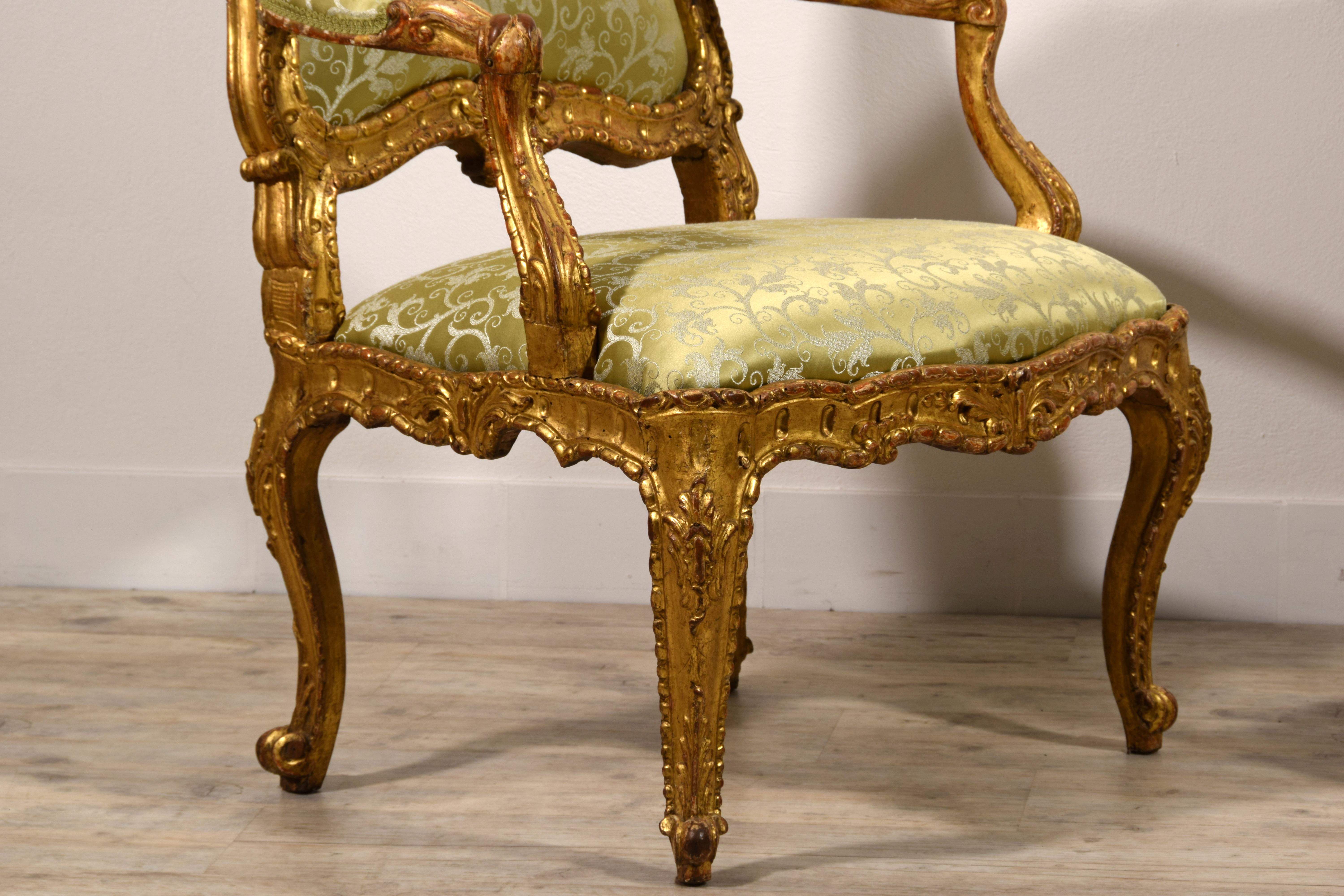 18th Century Pair of Italian Louis XV Carved Giltwood Armchairs For Sale 12