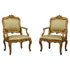18th Century Pair of Italian Louis XV Carved Giltwood Armchairs