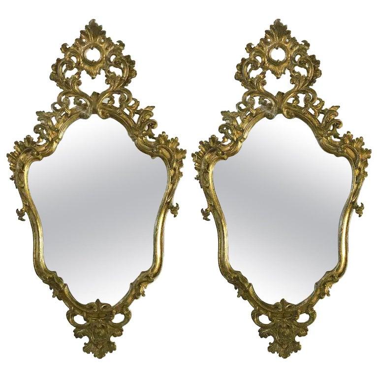 Hand-Carved Pair of Italian Louis XV Mirrors 18th Century Mercury Glass Shaped Mirrors For Sale