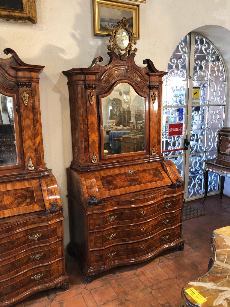 Hand-Carved 18th Century Pair of Italian Louis XV Walnut Cabinet Secretaires Trumeau 1750s For Sale
