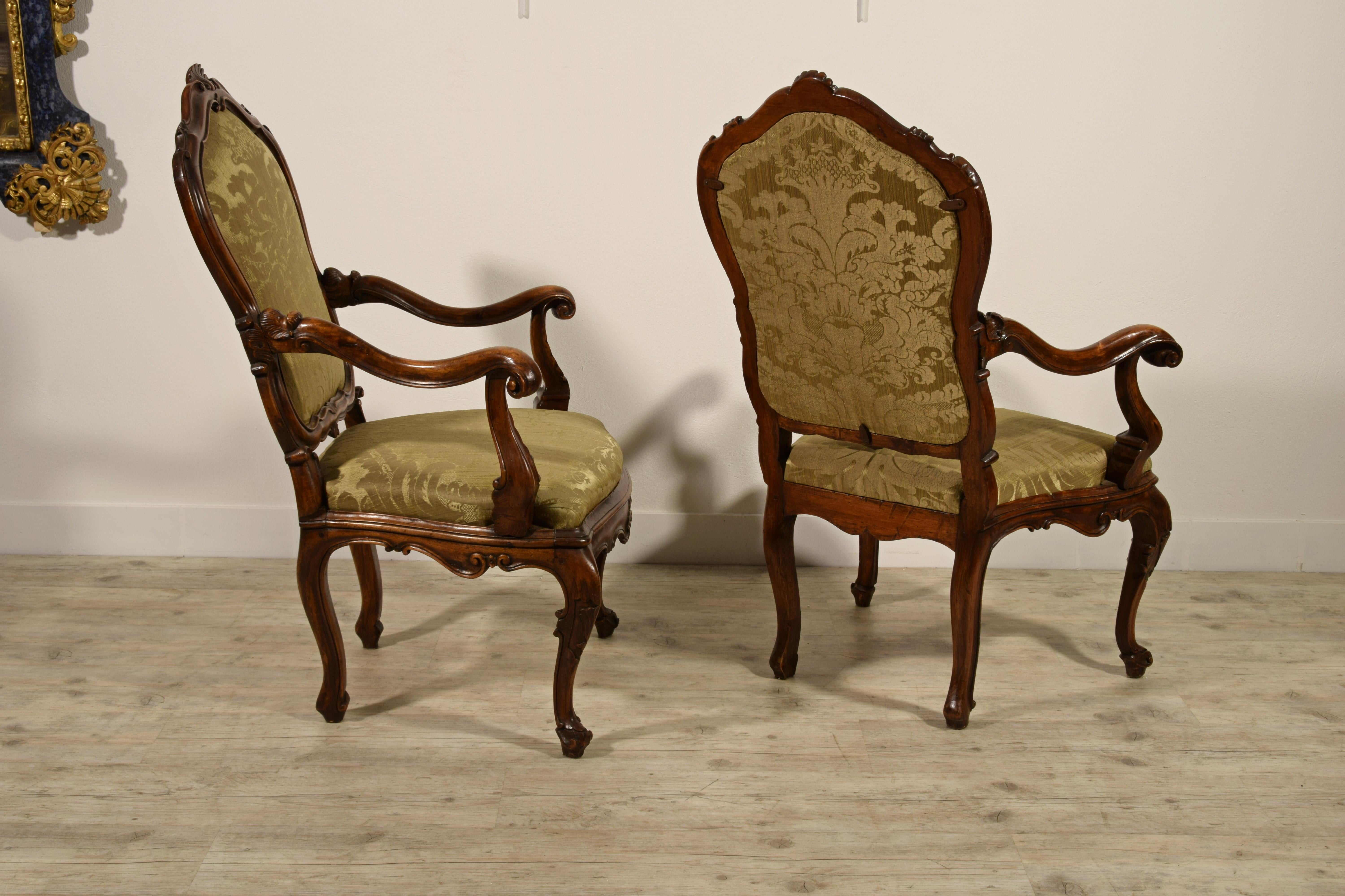 European 18th Century, Pair of Italian Louis XV Wood Armchairs
