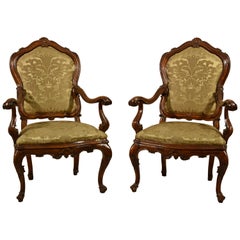 18th Century, Pair of Italian Louis XV Wood Armchairs