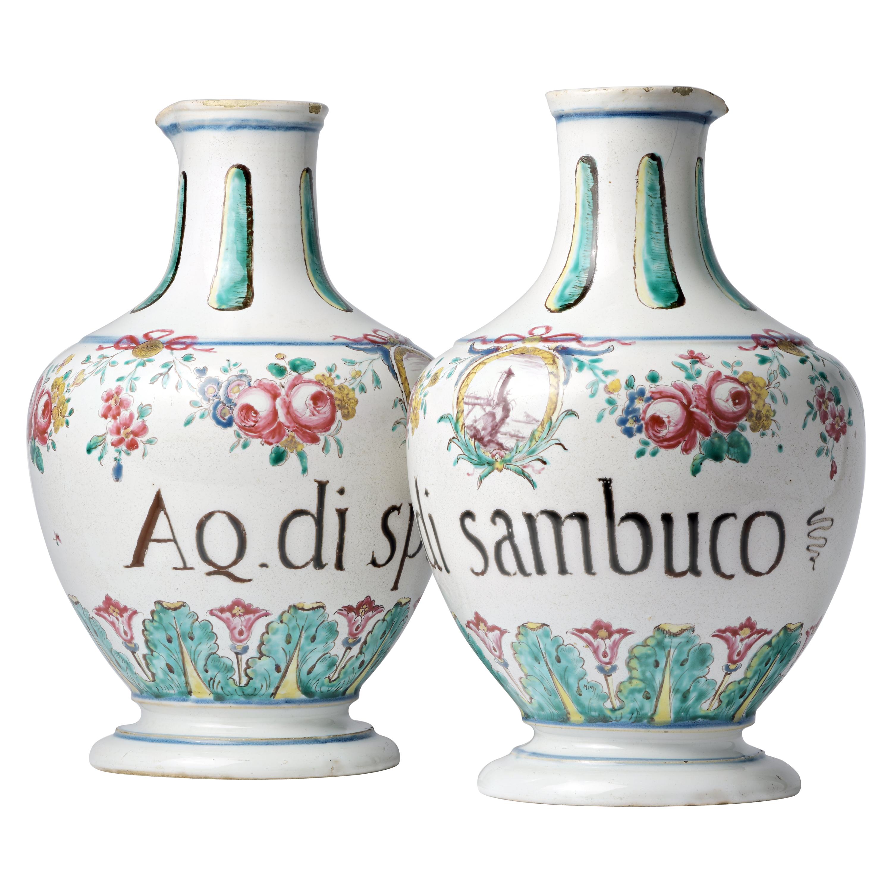 Italian Maiolica Pharmacy Flasks Felice Clerici, Milan Circa 1770-1780